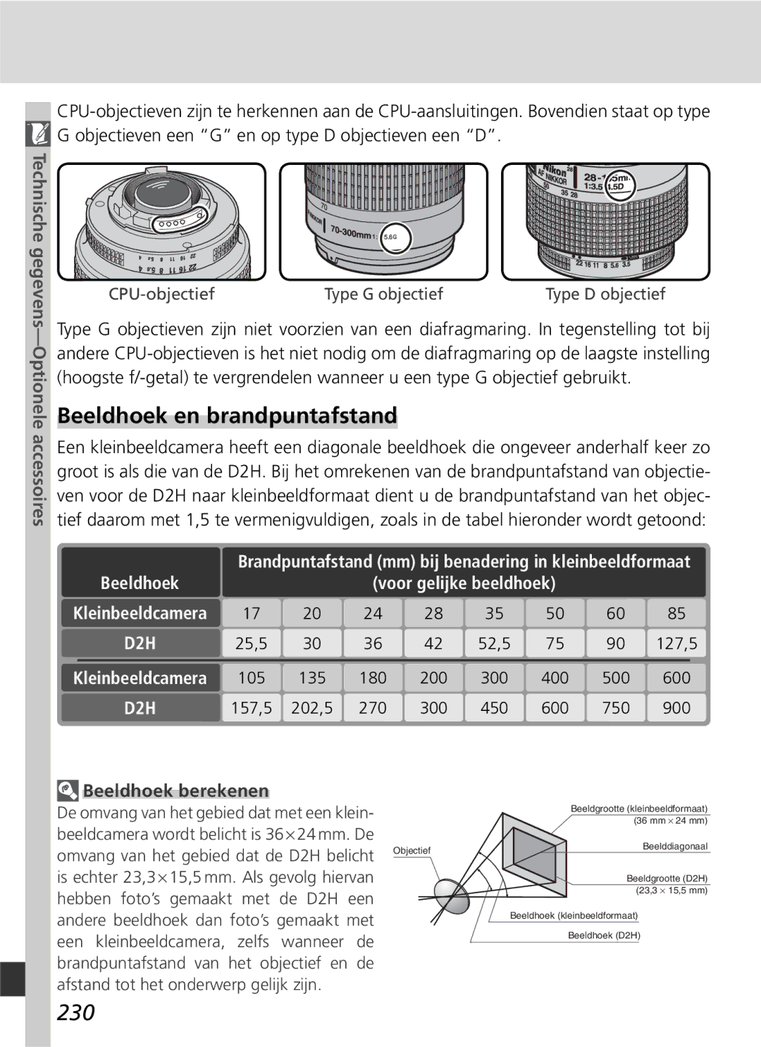 Nikon D2H manual Beeldhoek en brandpuntafstand, 230, Beeldhoek berekenen 