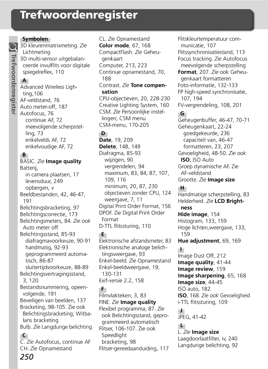 Nikon D2H manual Trefwoordenregister, 250 