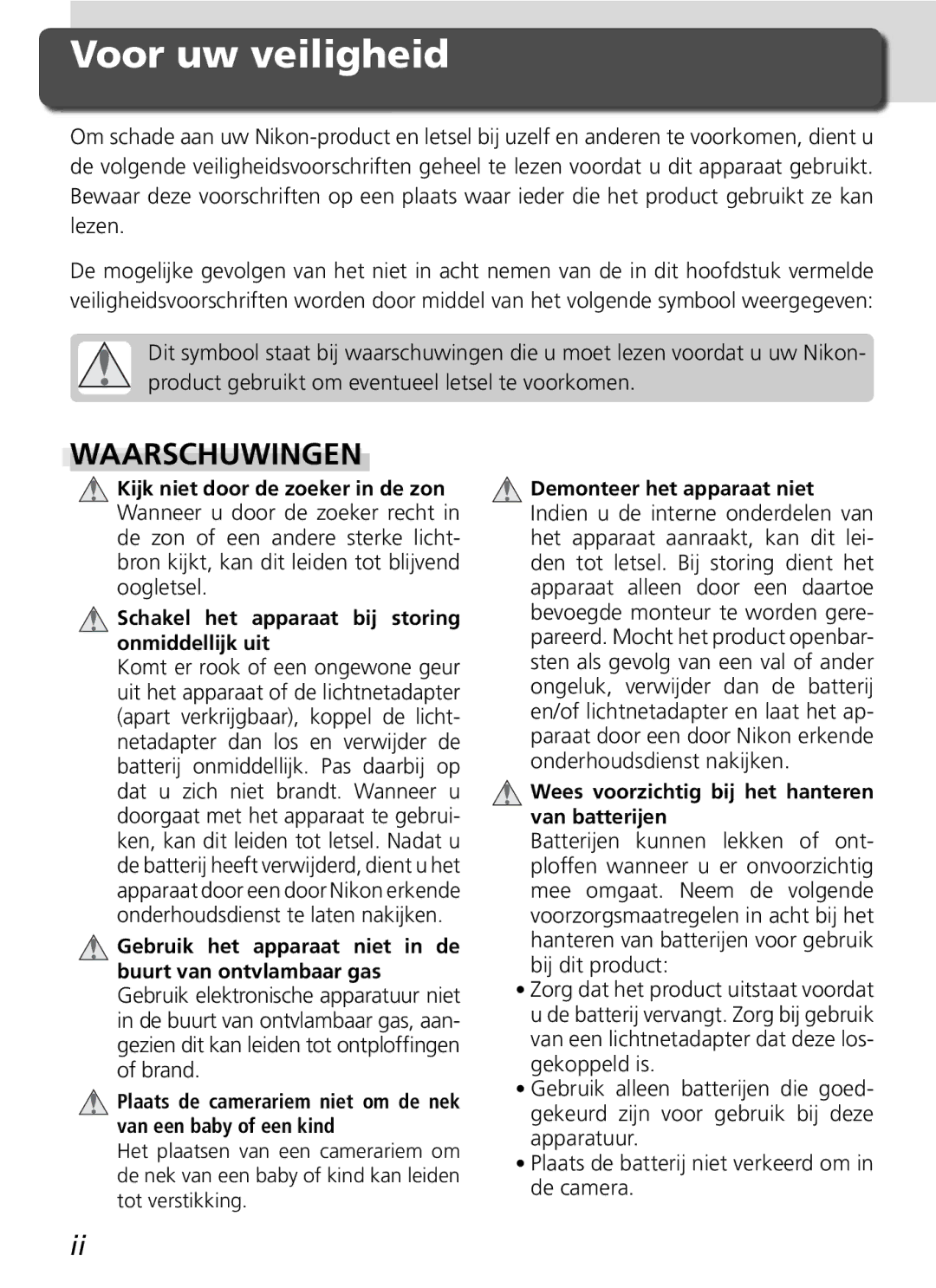 Nikon D2H manual Voor uw veiligheid 