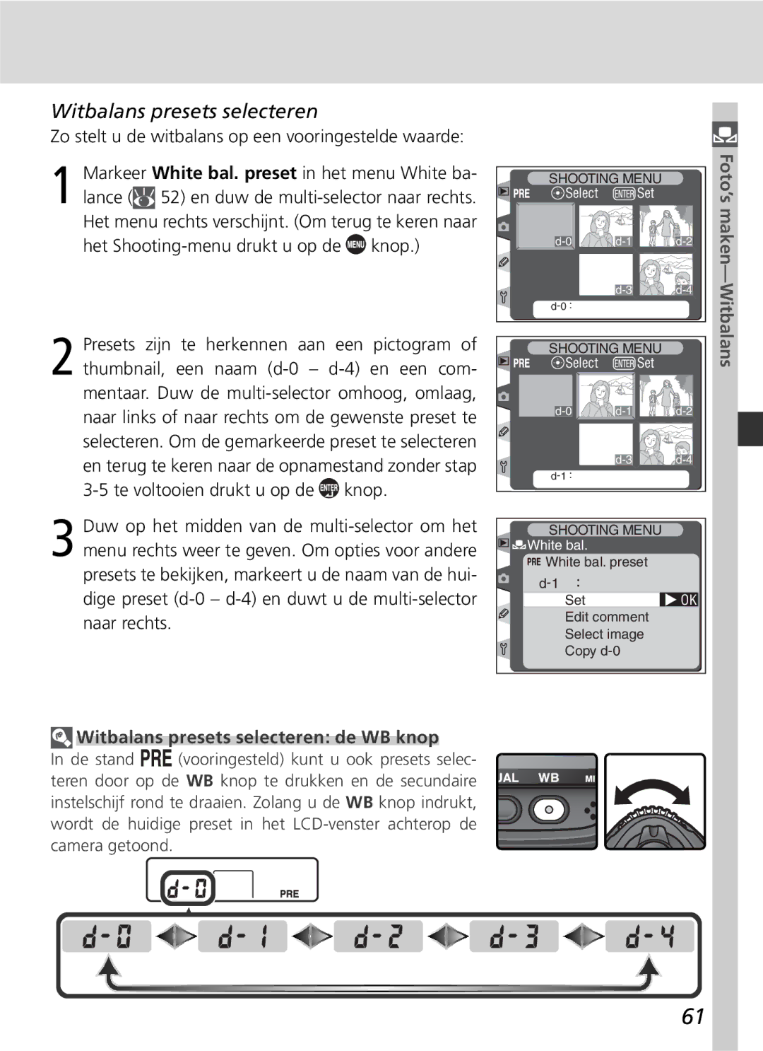 Nikon D2H manual Witbalans presets selecteren, Zo stelt u de witbalans op een vooringestelde waarde 