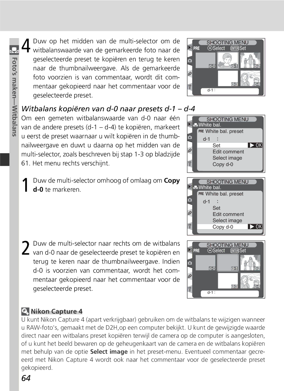 Nikon D2H manual Witbalans kopiëren van d-0 naar presets d-1 d-4, Nikon Capture 