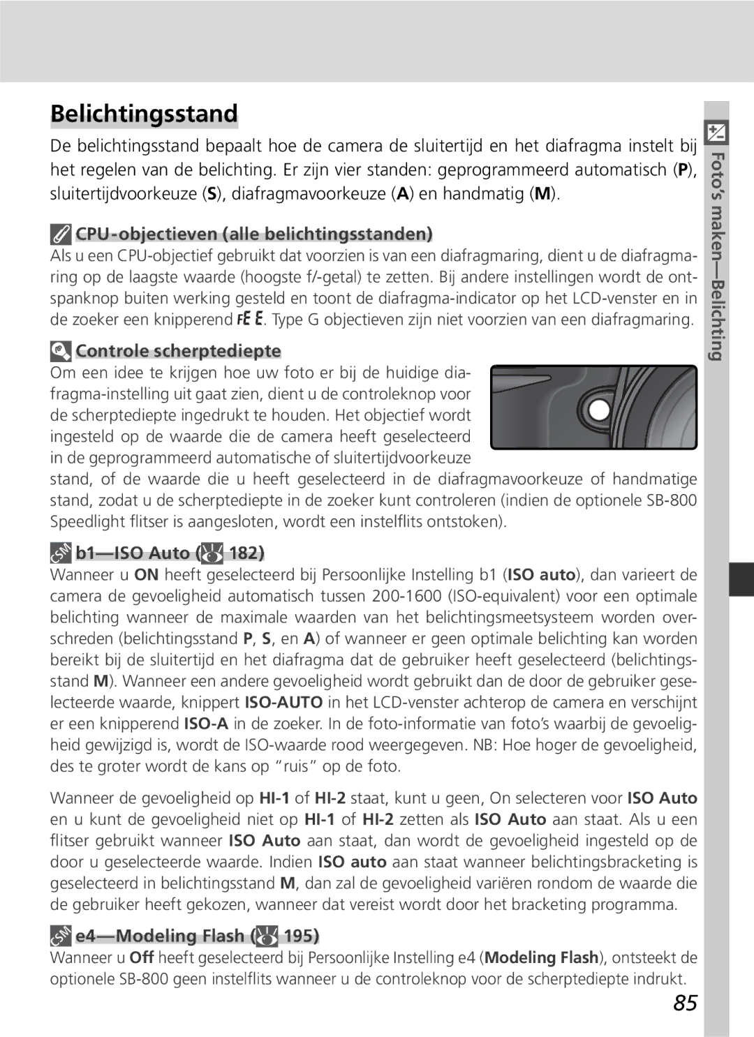 Nikon D2H manual Belichtingsstand, CPU-objectieven alle belichtingsstanden, Controle scherptediepte, E4-Modeling Flash 