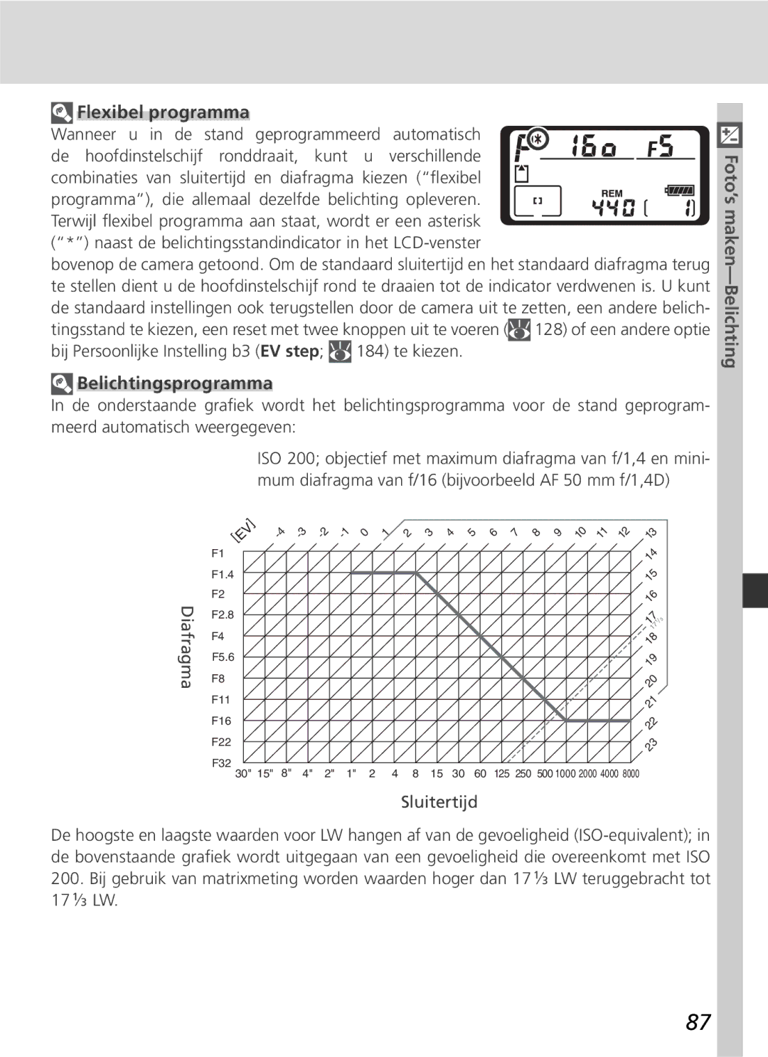 Nikon D2H manual Flexibel programma, Belichtingsprogramma 