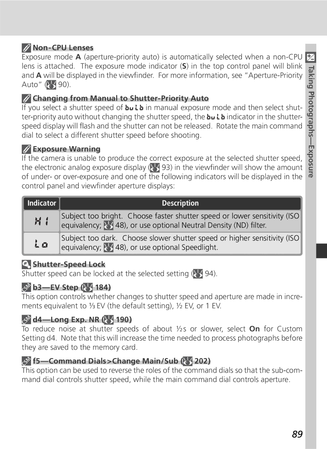 Nikon D2H manual Indicator Description 