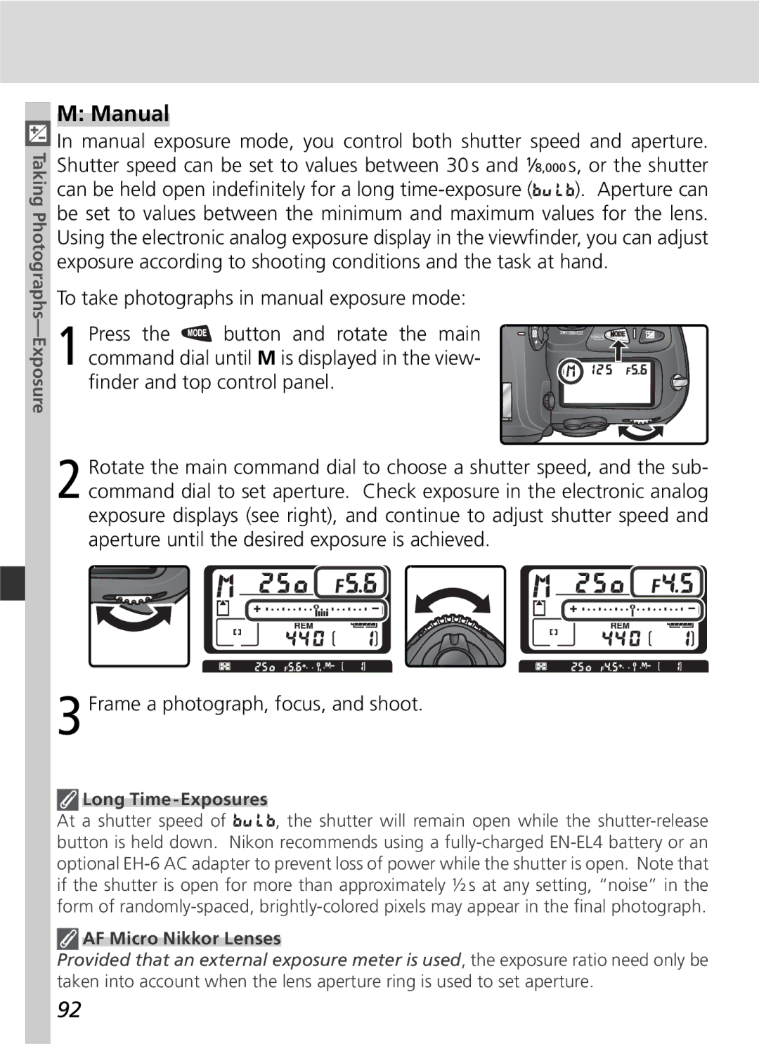 Nikon D2H manual Manual, Long Time-Exposures, AF Micro Nikkor Lenses 