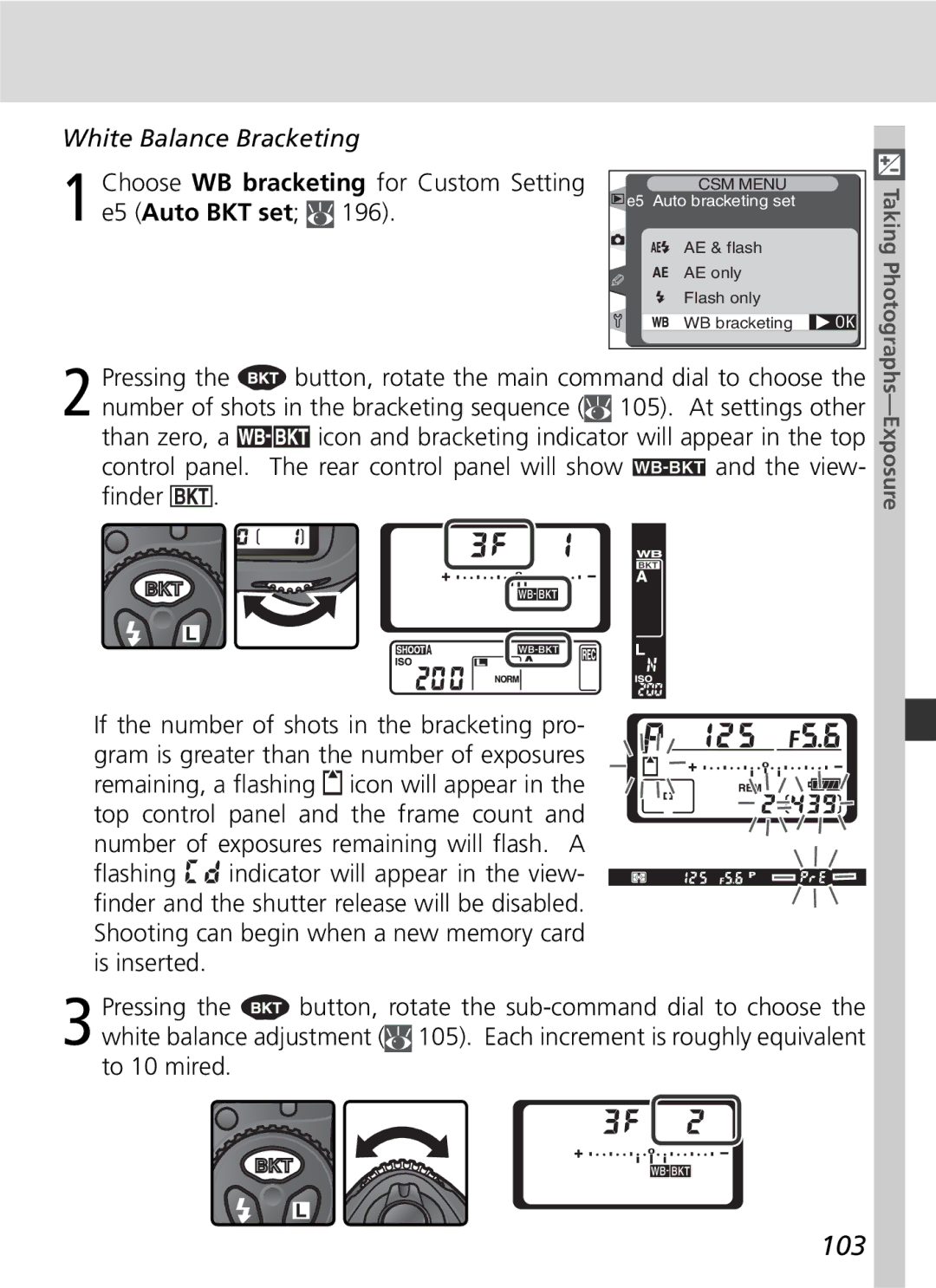 Nikon D2H manual 103, White Balance Bracketing, Choose WB bracketing for Custom Setting e5 Auto BKT set, Exposure 