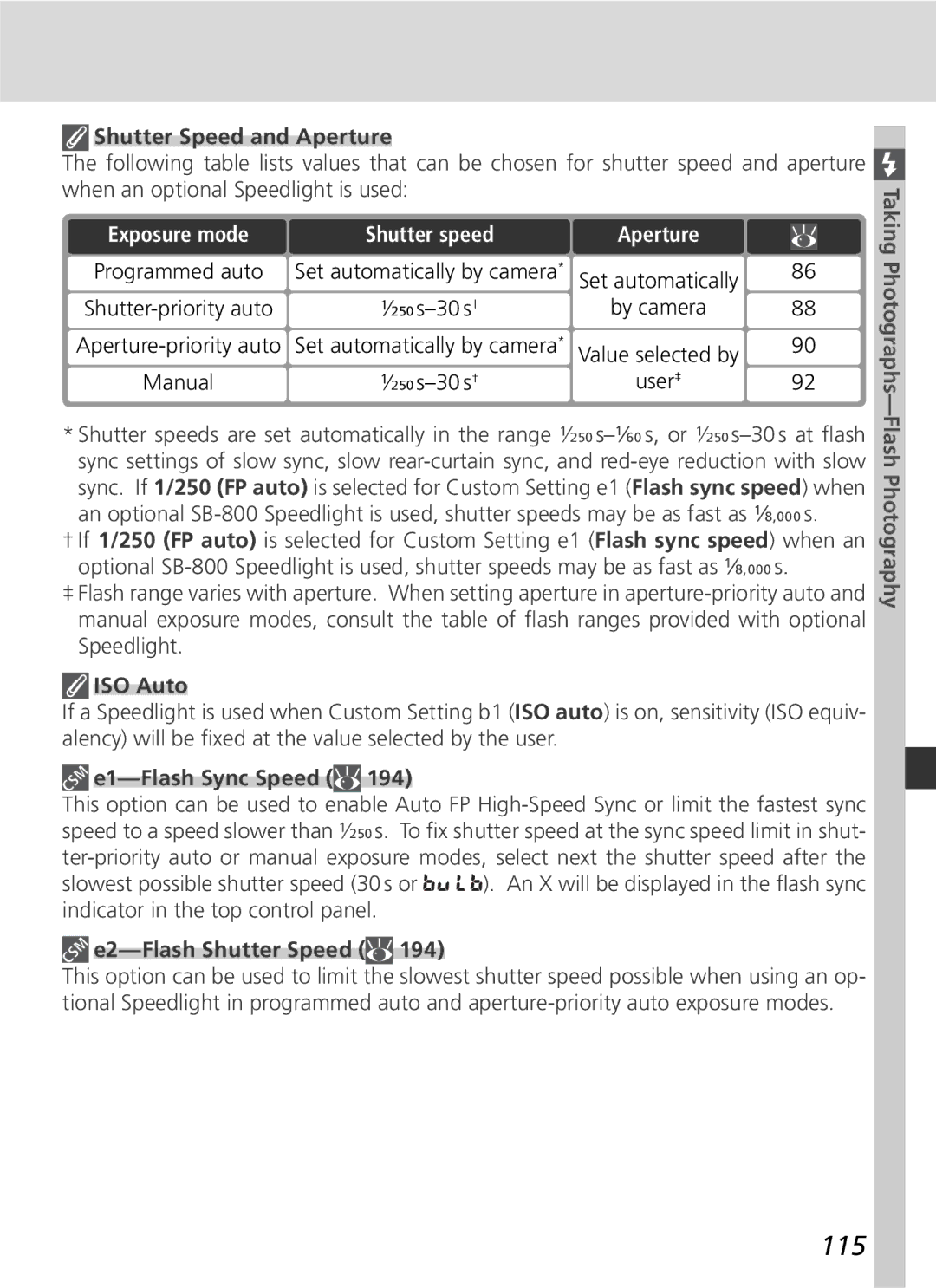 Nikon D2H manual 115, Shutter Speed and Aperture, Exposure mode Shutter speed Aperture, E1-Flash Sync Speed 