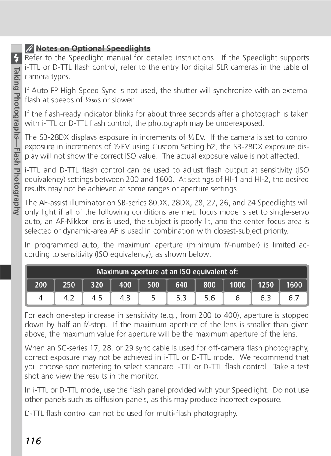 Nikon D2H manual 116, Maximum aperture at an ISO equivalent, 250 320 400 500 640 800 1000 1250 1600 