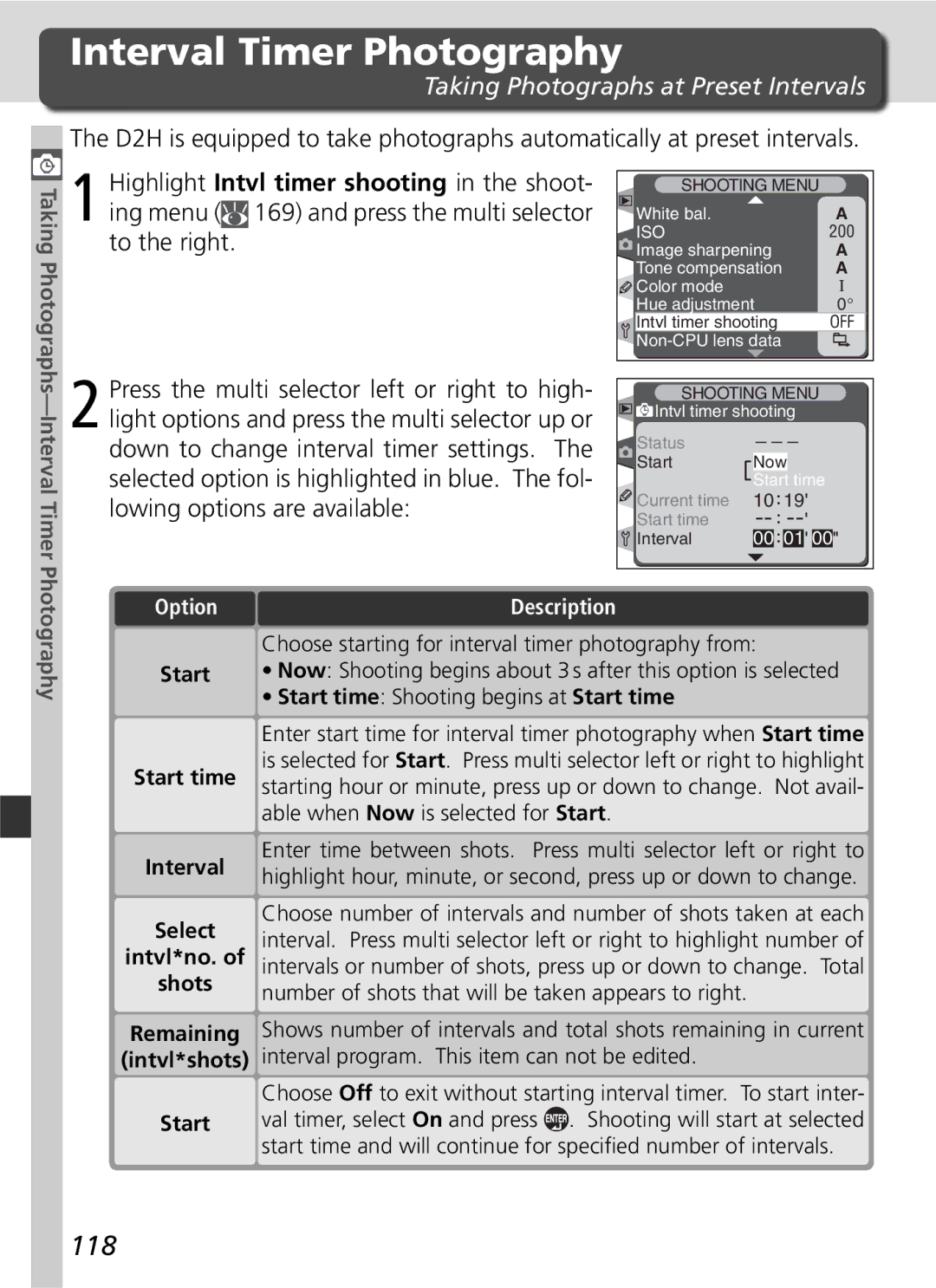 Nikon D2H manual Interval Timer Photography, 118, Taking Photographs at Preset Intervals 