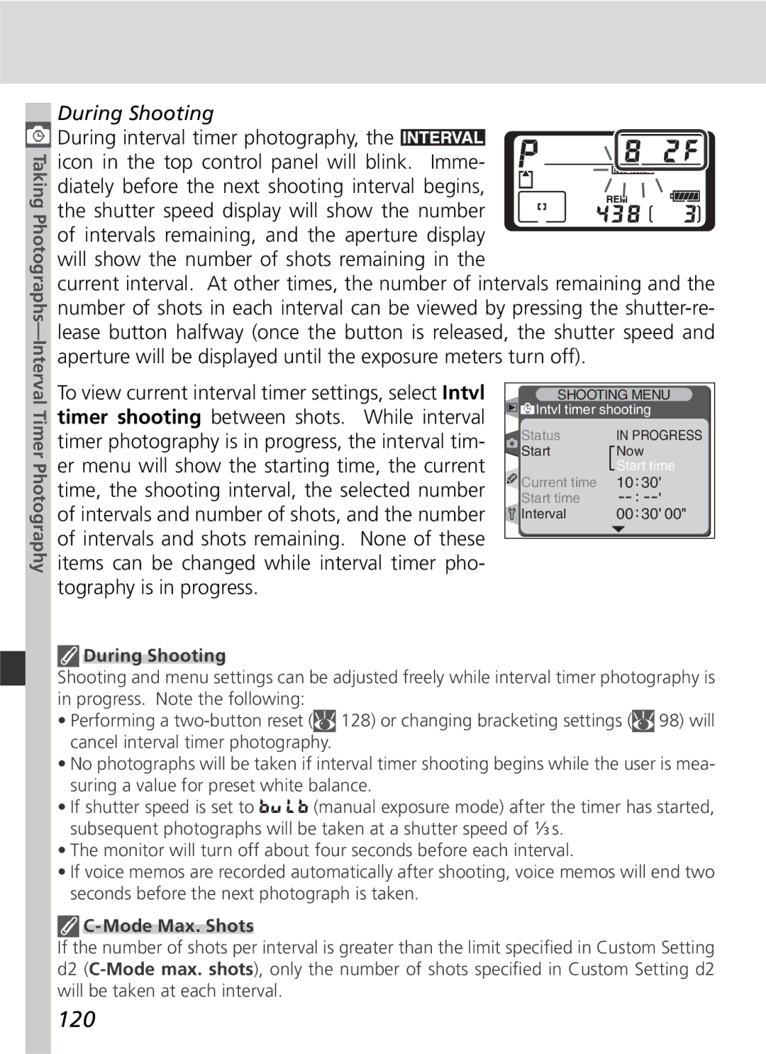 Nikon D2H manual 120, During Shooting, Timer Photography, Mode Max. Shots 