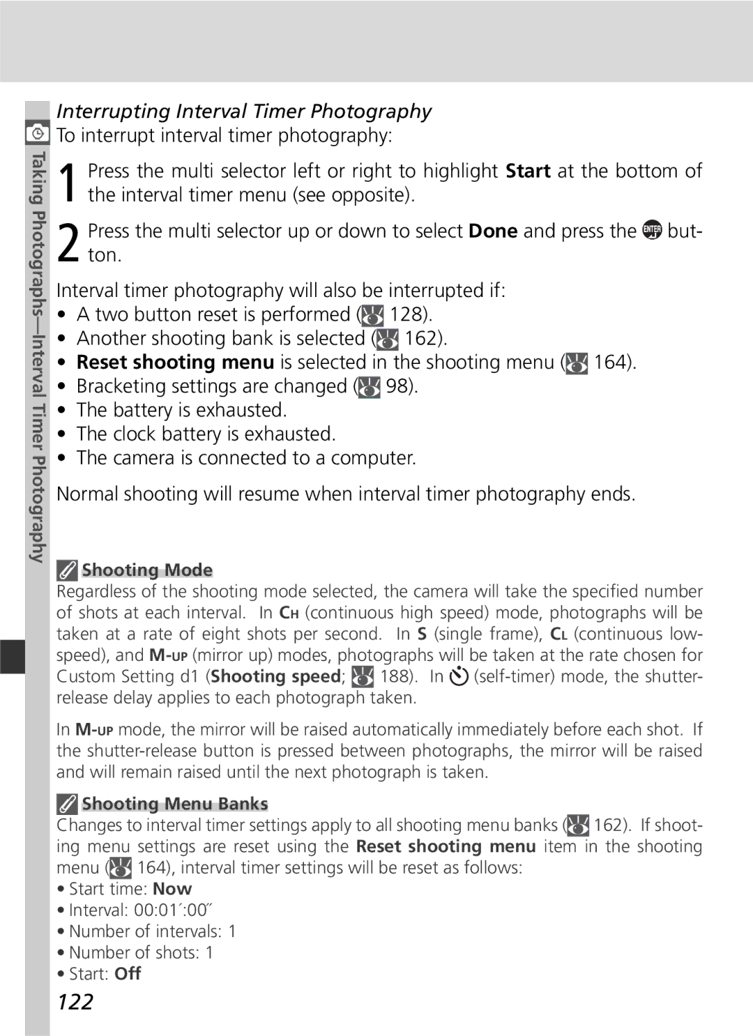 Nikon D2H manual 122, Interrupting Interval Timer Photography, Shooting Menu Banks 