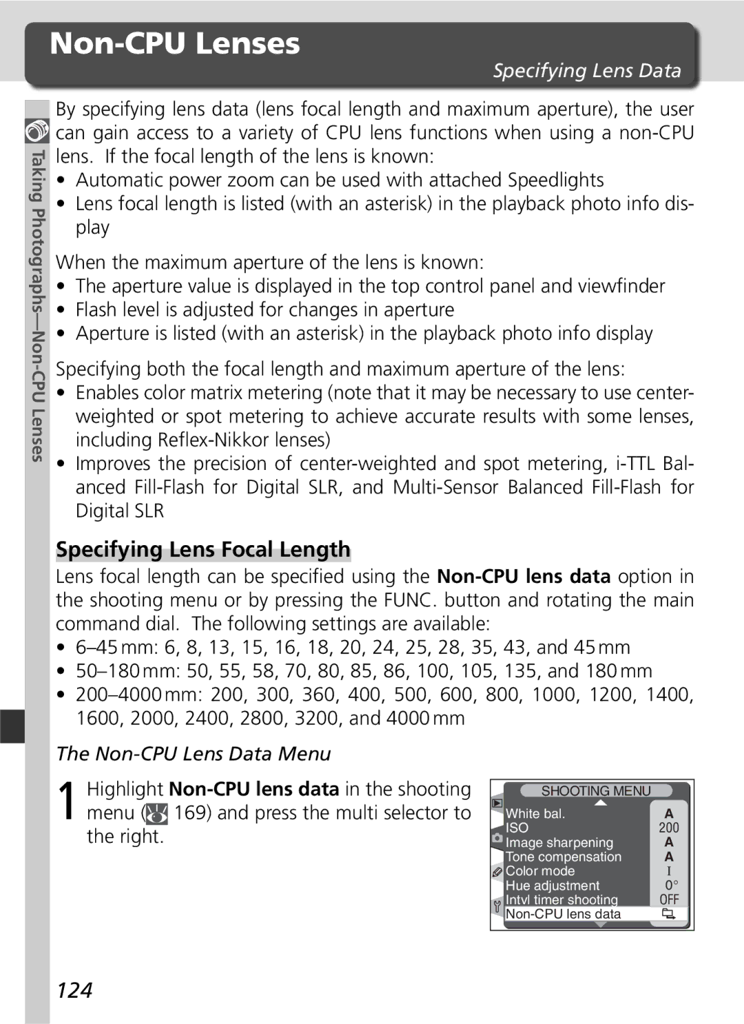 Nikon D2H manual Non-CPU Lenses, Specifying Lens Focal Length, 124, Specifying Lens Data, Non-CPU Lens Data Menu 