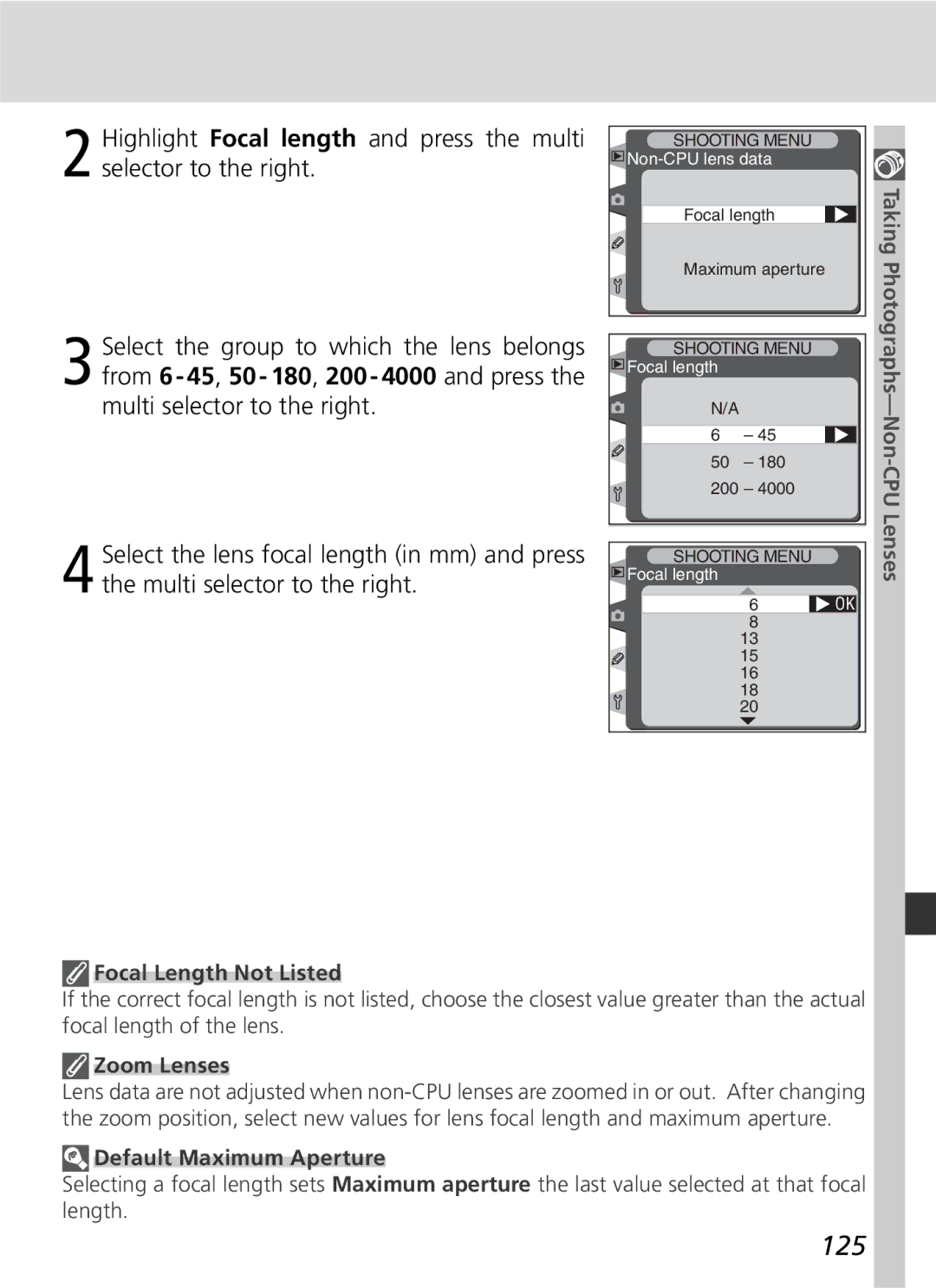 Nikon D2H manual 125, Non-CPU Lenses, Focal Length Not Listed, Zoom Lenses, Default Maximum Aperture 