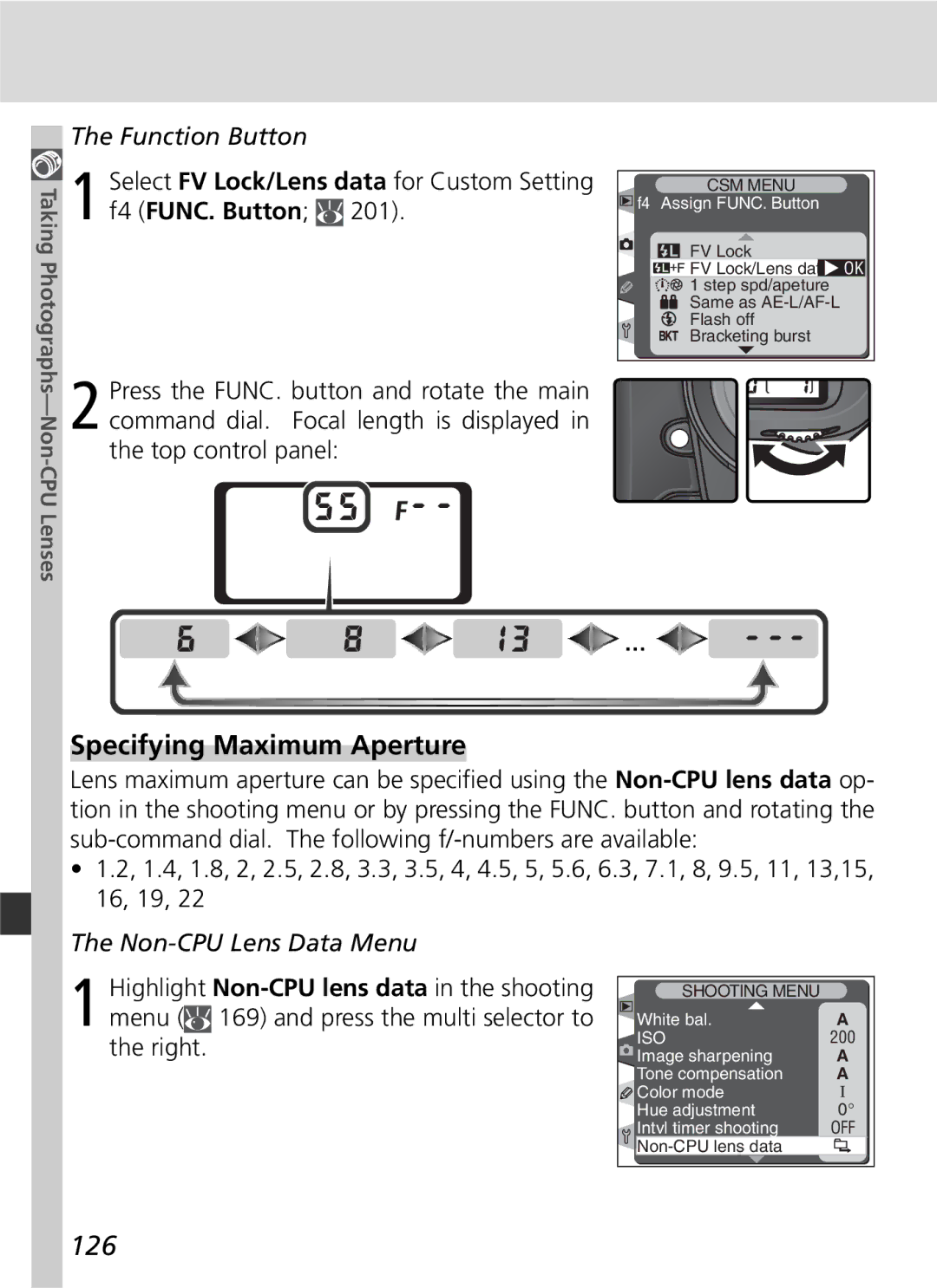 Nikon D2H manual Specifying Maximum Aperture, 126, Function Button 