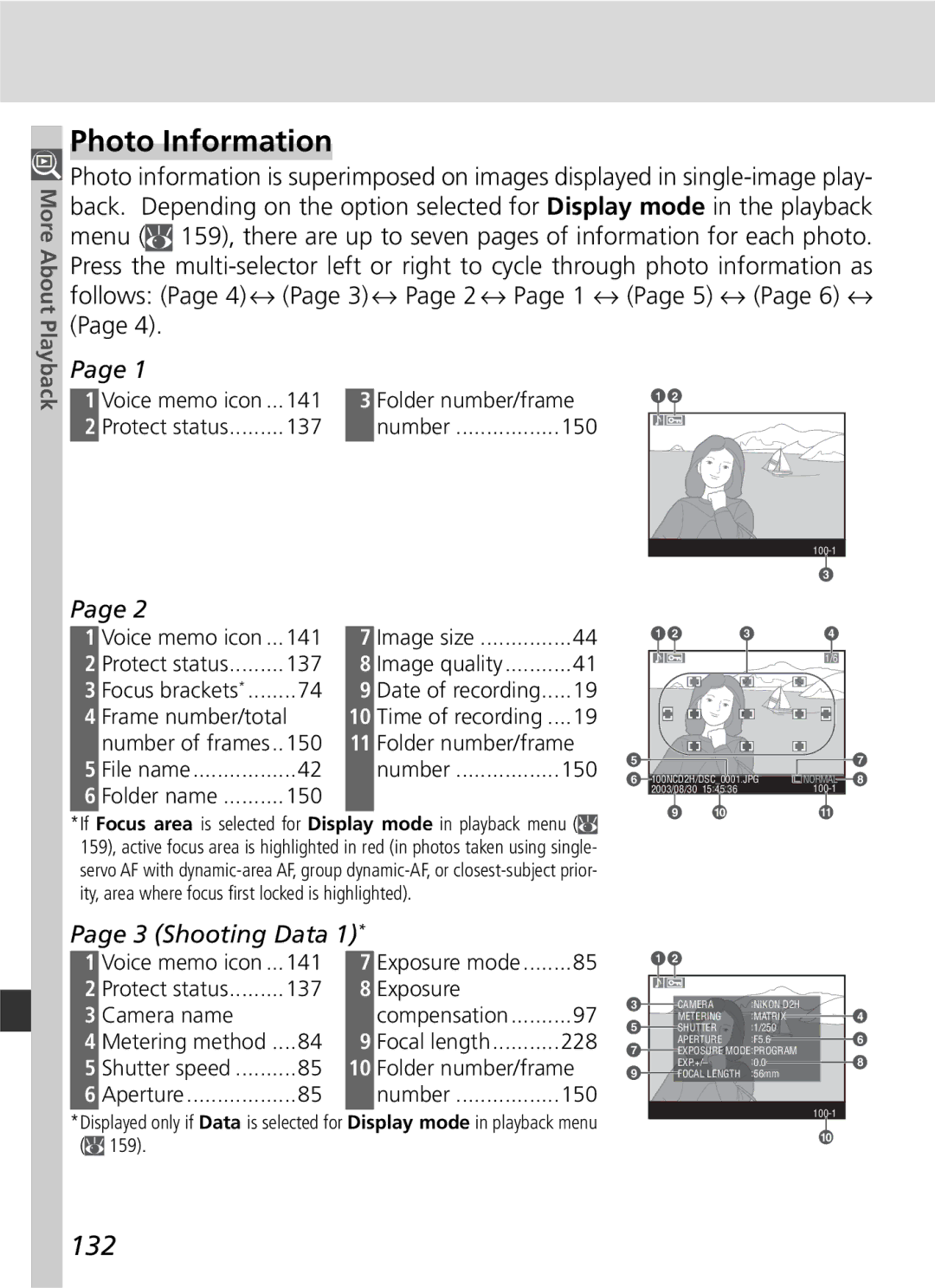 Nikon D2H manual Photo Information, 132, Shooting Data, More About, Playback 