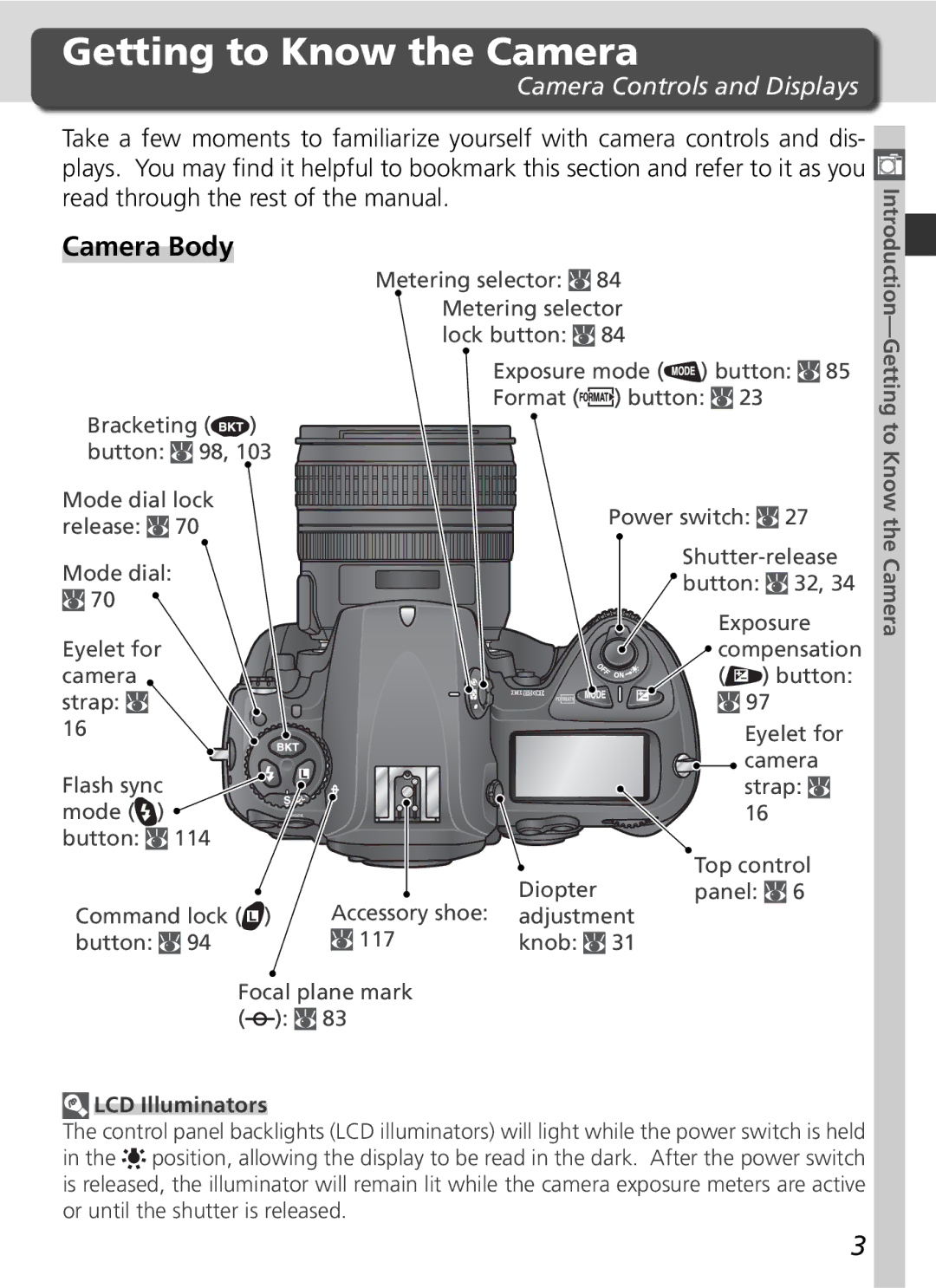 Nikon D2H manual Getting to Know the Camera, Camera Body, Camera Controls and Displays, LCD Illuminators 