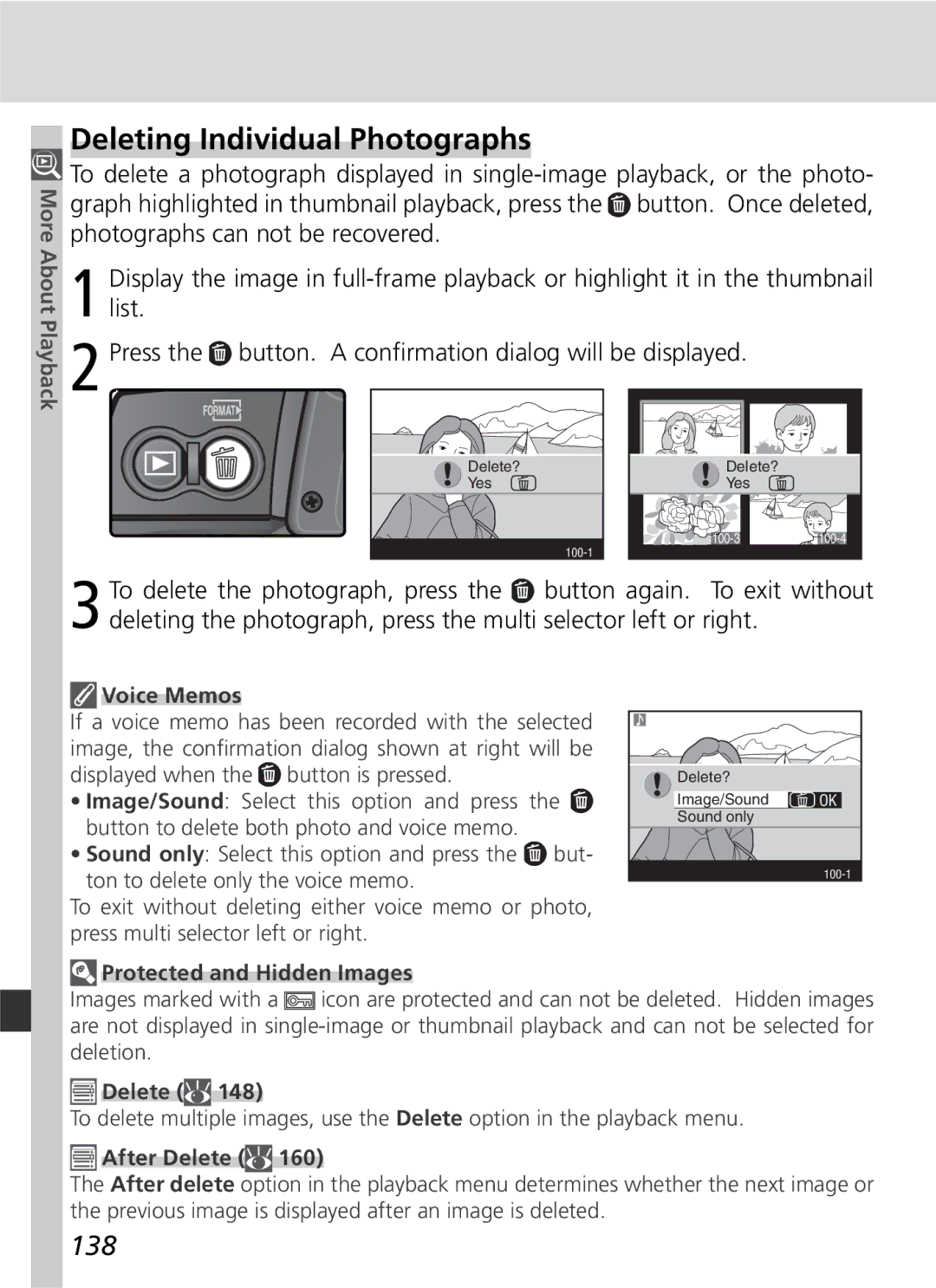 Nikon D2H manual Deleting Individual Photographs, 138, Protected and Hidden Images, After Delete 