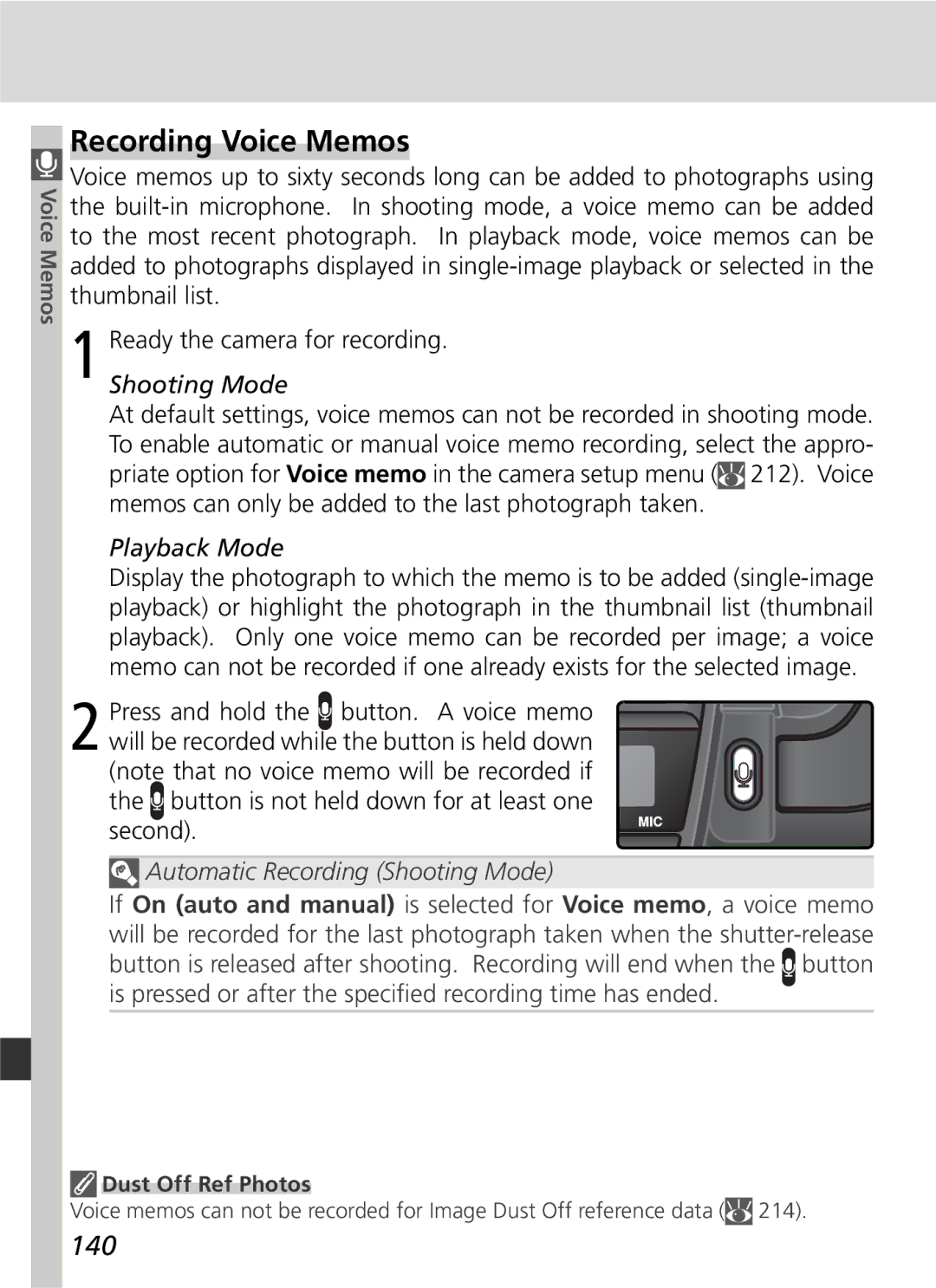 Nikon D2H manual Recording Voice Memos, 140, Playback Mode, Dust Off Ref Photos 