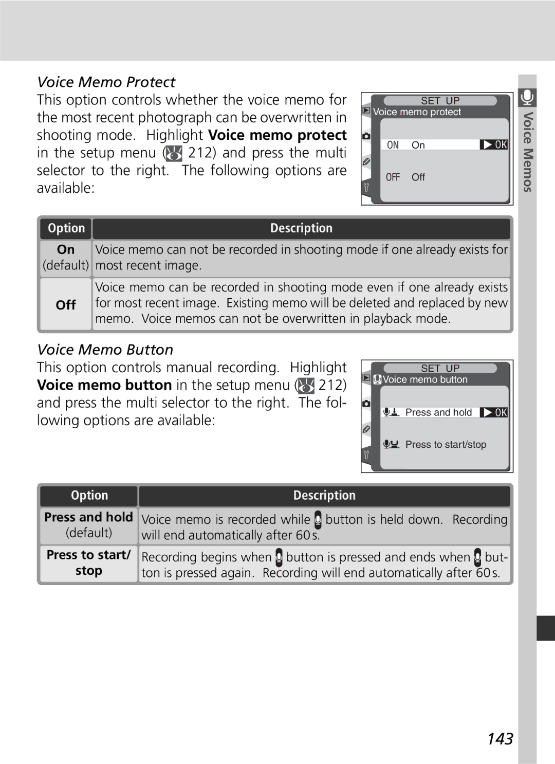 Nikon D2H manual 143, Available, Voice Memo Button, ToOption, Stop 