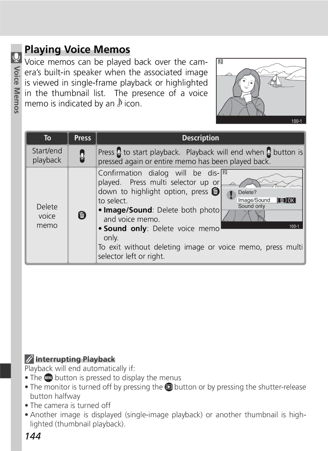 Nikon D2H manual Playing Voice Memos, 144, Press, Interrupting Playback 