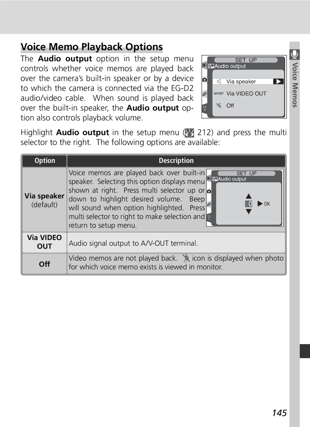 Nikon D2H manual Voice Memo Playback Options, 145, OptionTo Description, Via Video, Off 