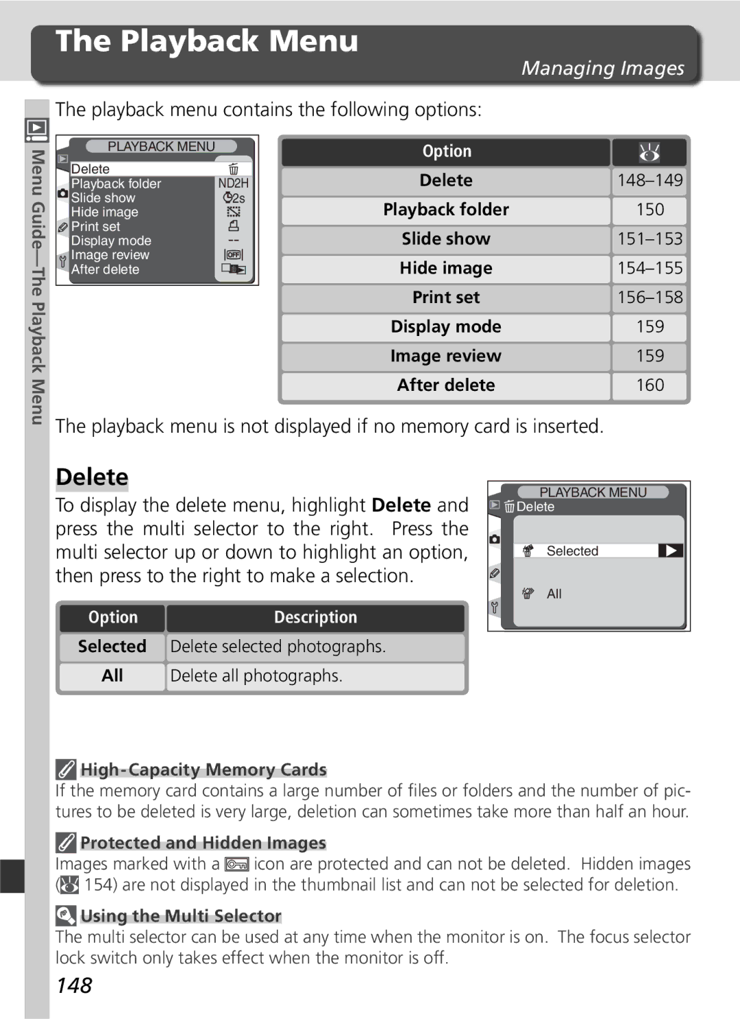 Nikon D2H manual Playback Menu, Delete, 148, Managing Images, Playback menu contains the following options 