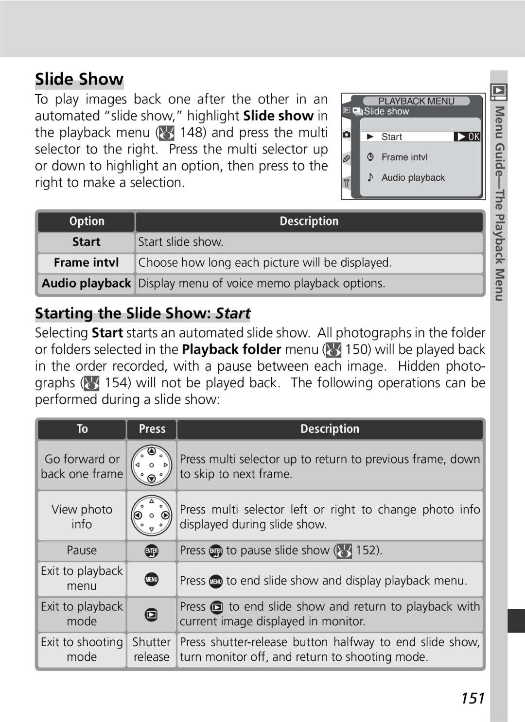 Nikon D2H manual Starting the Slide Show Start, 151, To To 