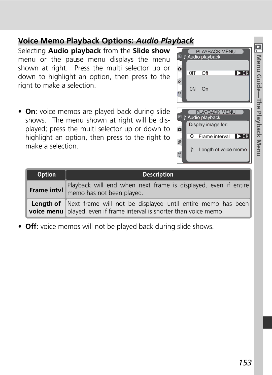 Nikon D2H Voice Memo Playback Options Audio Playback, 153, Off voice memos will not be played back during slide shows 