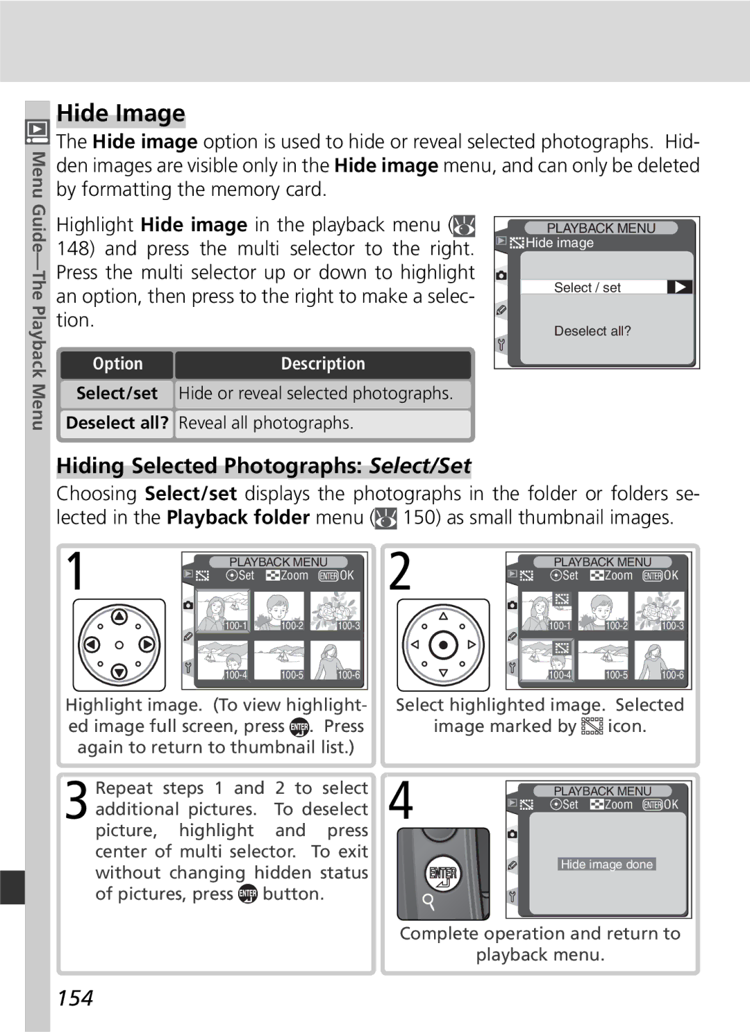 Nikon D2H manual Hide Image, Hiding Selected Photographs Select/Set, 154, Menu, OptionDescription 