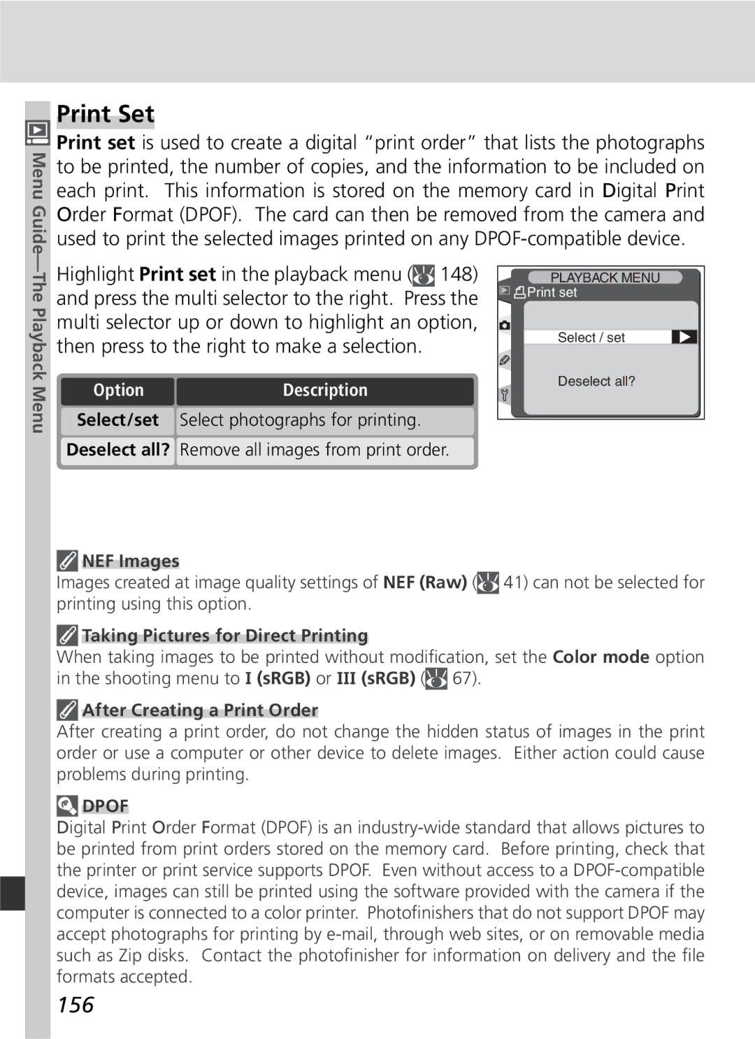 Nikon D2H manual Print Set, 156, 148, Press the multi selector to the right. Press 