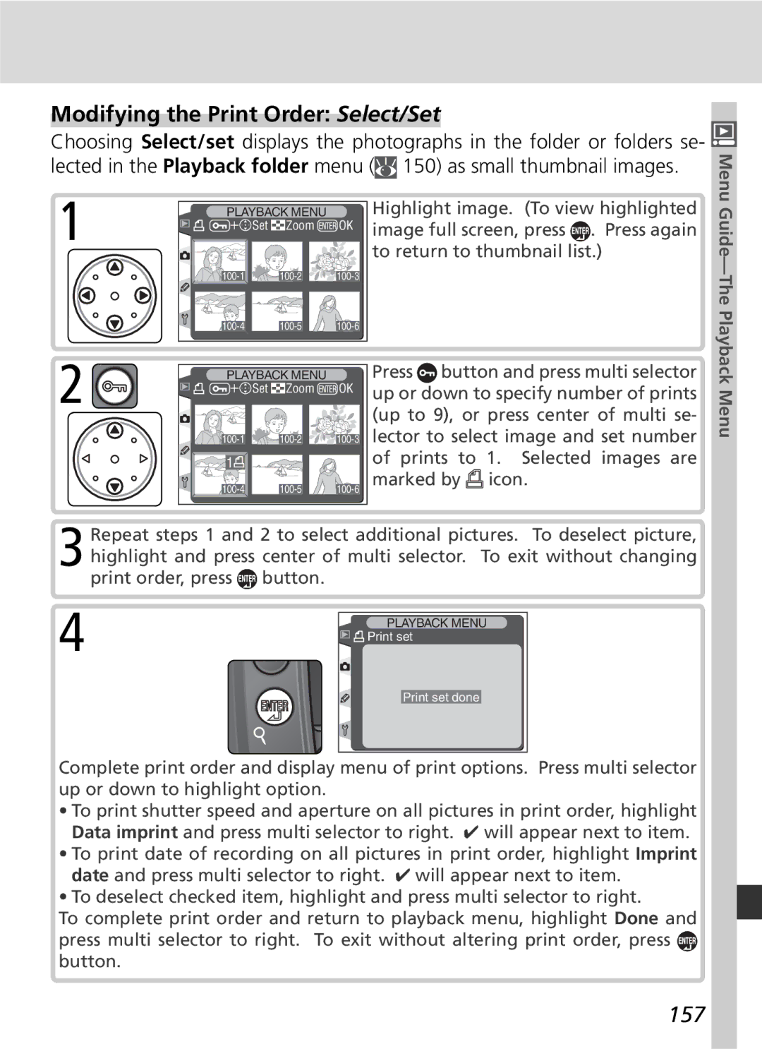 Nikon D2H manual Modifying the Print Order Select/Set, 157 