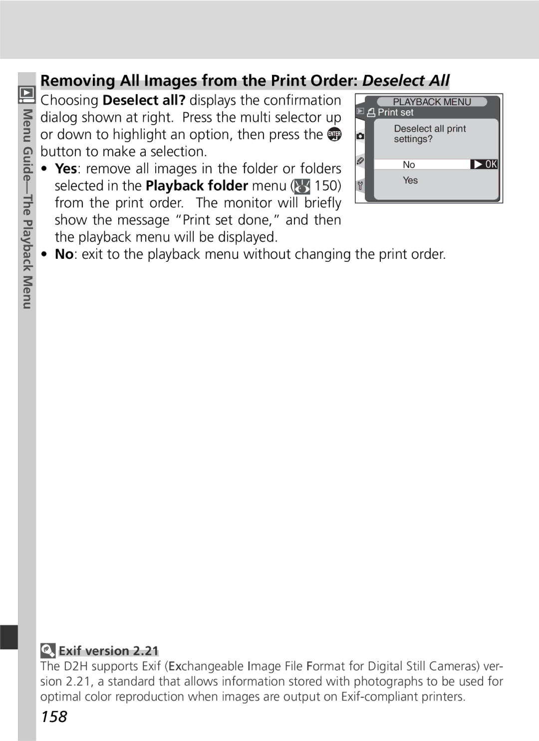 Nikon D2H manual Removing All Images from the Print Order Deselect All, 158, Or down to highlight an option, then press 