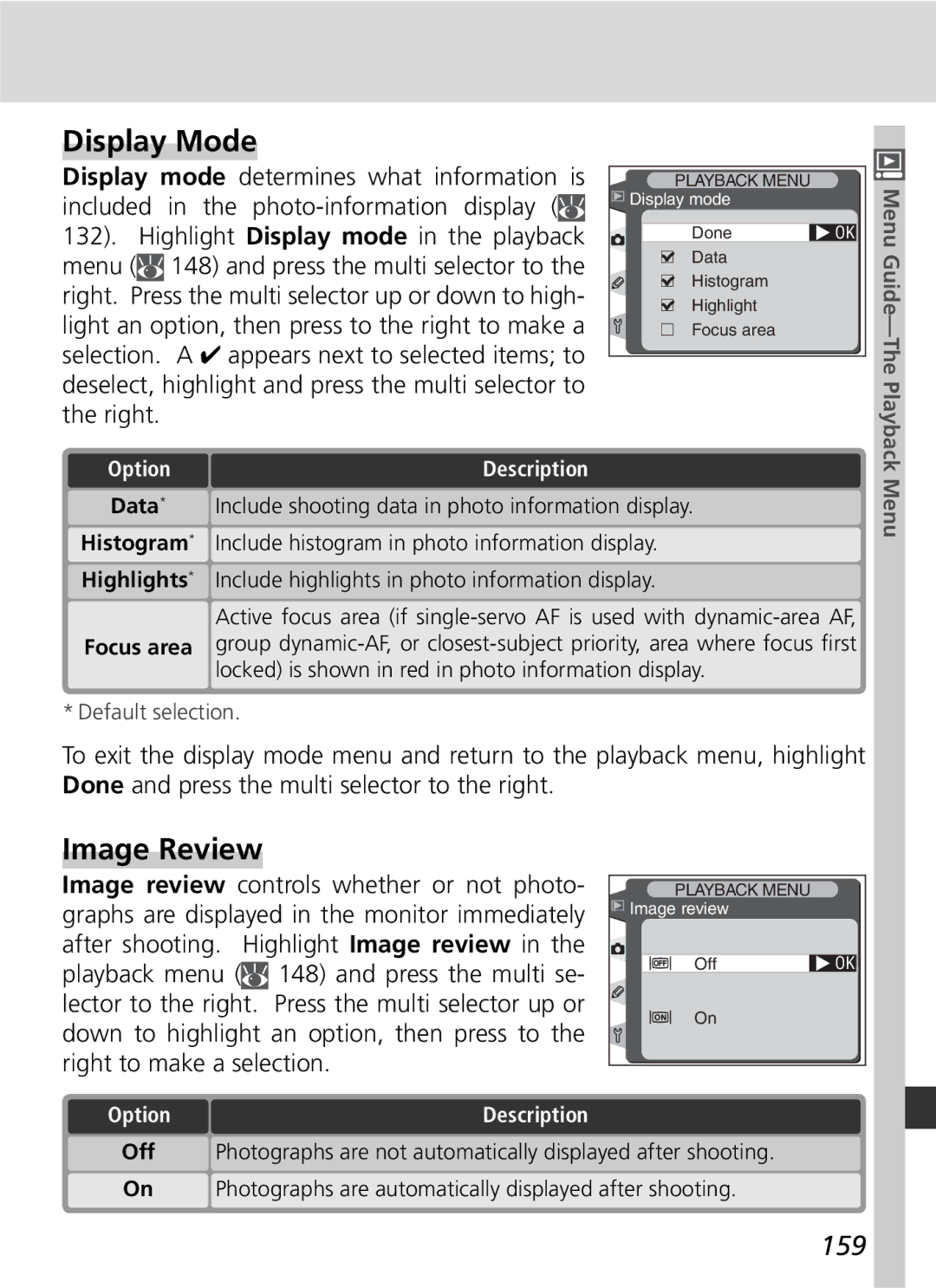 Nikon D2H manual Display Mode, Image Review, 159, Data 