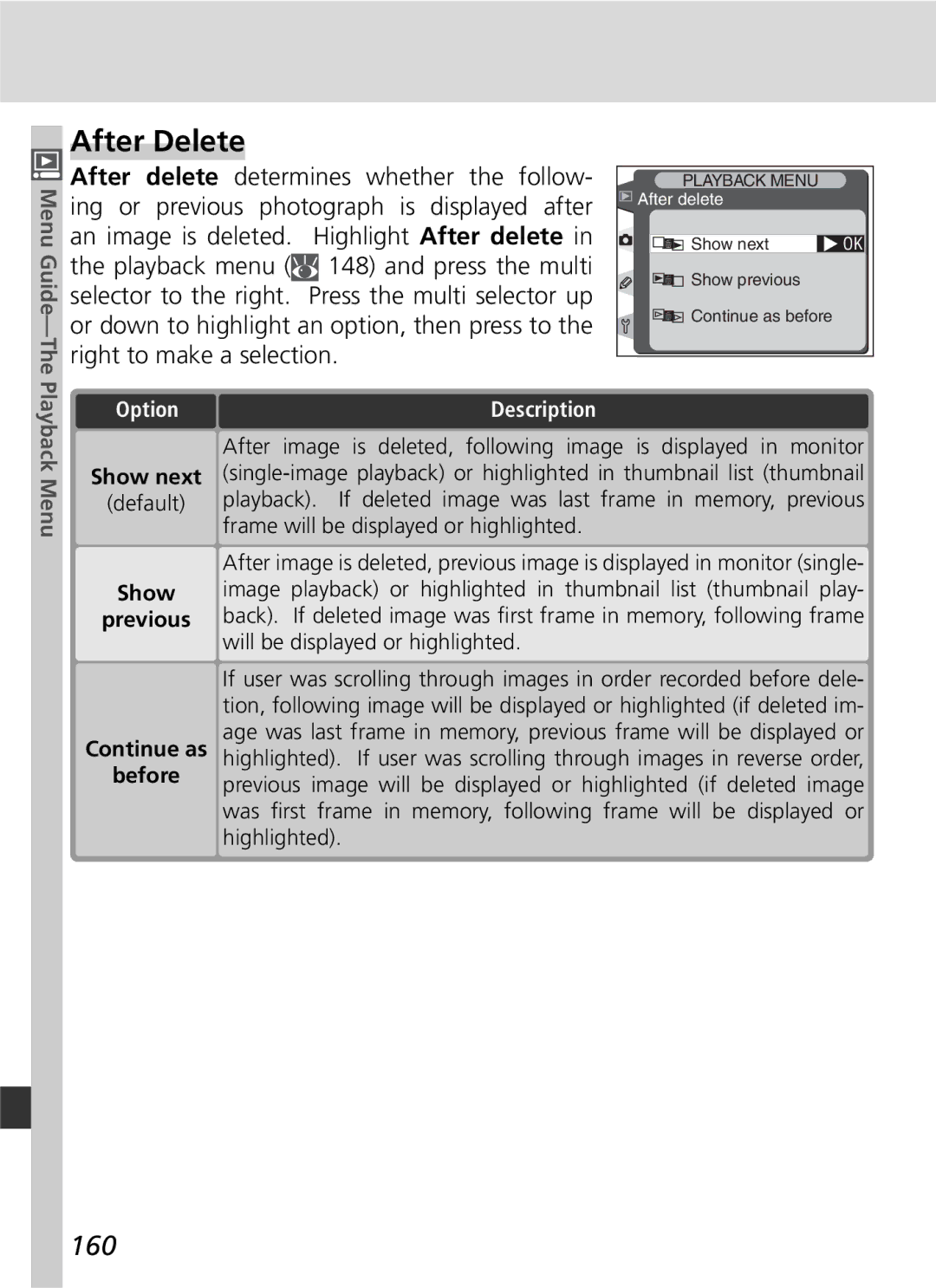 Nikon D2H manual After Delete, 160, Menu Guide-The, Show next, Show Previous Continue as Before 