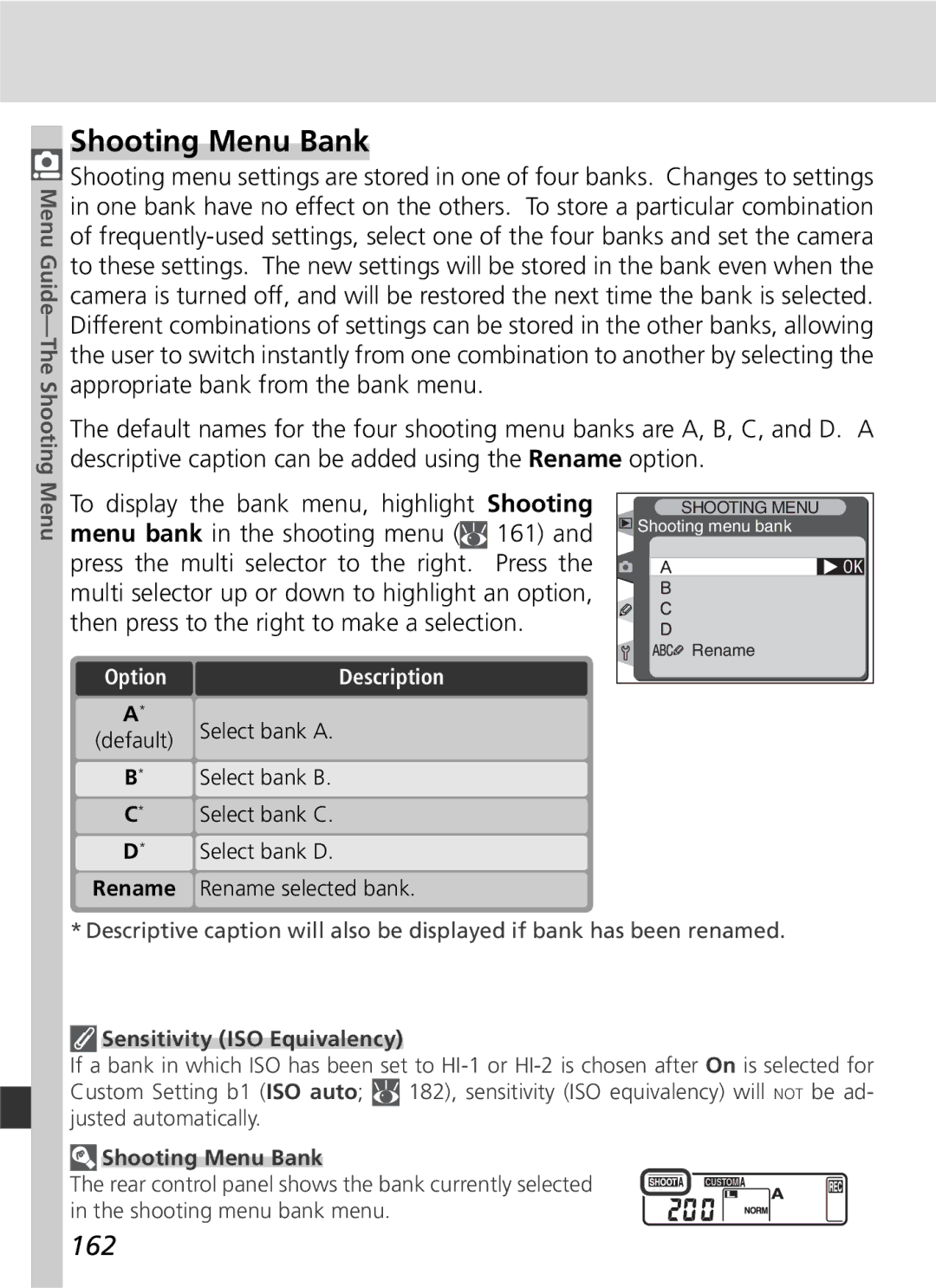 Nikon D2H manual Shooting Menu Bank, 162, Sensitivity ISO Equivalency 