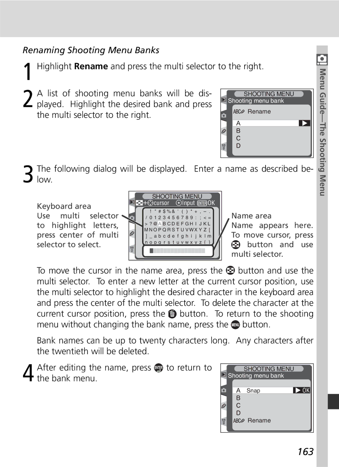 Nikon D2H manual 163, Renaming Shooting Menu Banks 