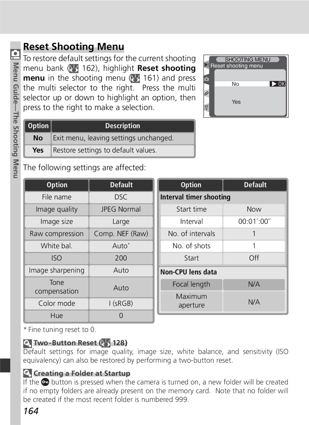 Nikon D2H manual Reset Shooting Menu, 164, Following settings are affected, Default, Two-Button Reset 