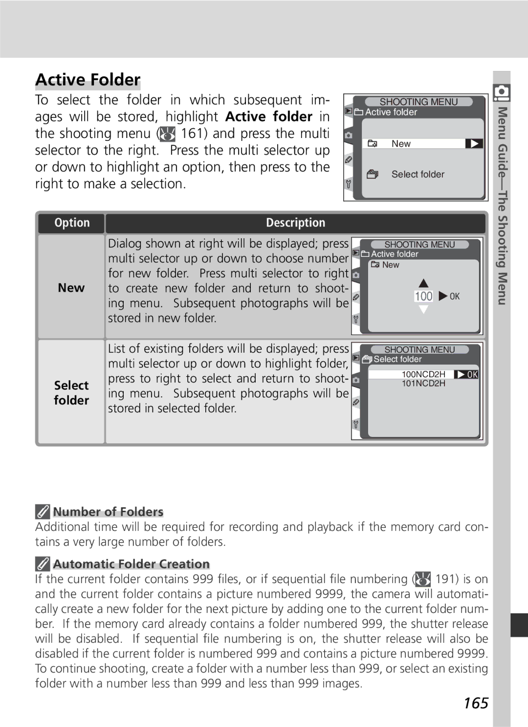 Nikon D2H manual Active Folder, 165, Number of Folders, Automatic Folder Creation, Shooting Menu 