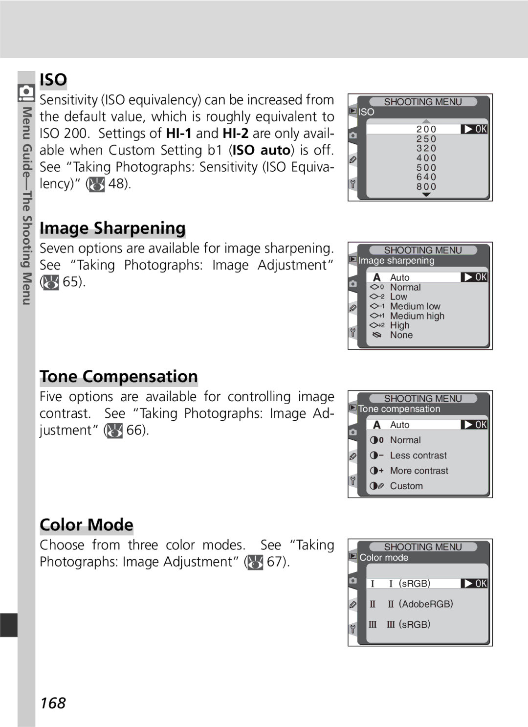 Nikon D2H manual Image Sharpening, Tone Compensation, Color Mode, 168, Guide-The Shooting Menu 