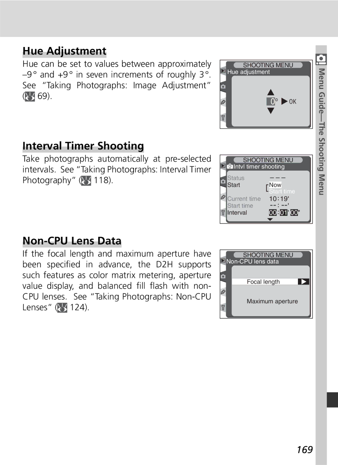 Nikon D2H manual Hue Adjustment, Interval Timer Shooting, Non-CPU Lens Data, 169, Photography 