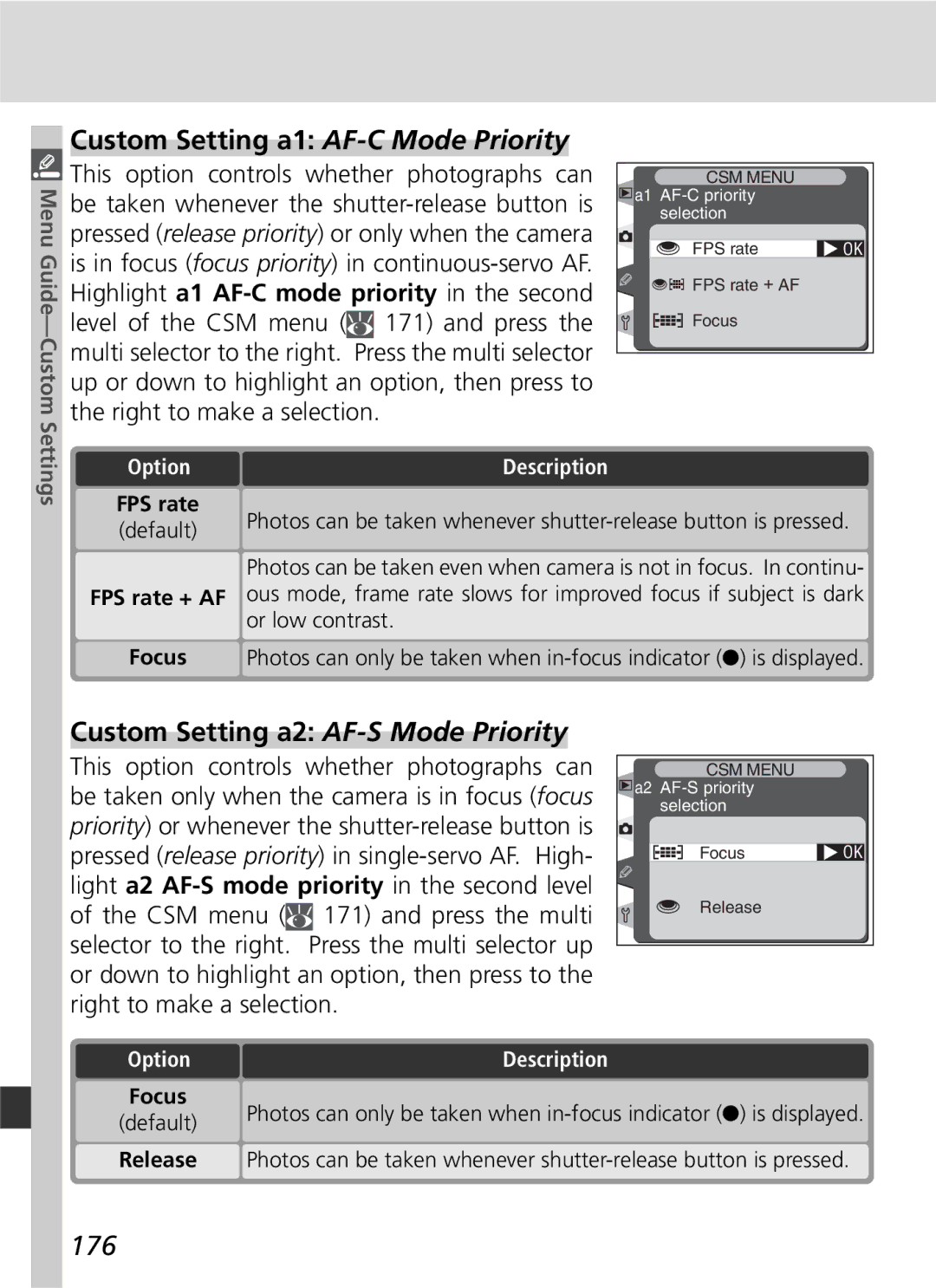 Nikon D2H Custom Setting a1 AF-C Mode Priority, Custom Setting a2 AF-S Mode Priority, 176, Menu Guide-Custom, Settings 