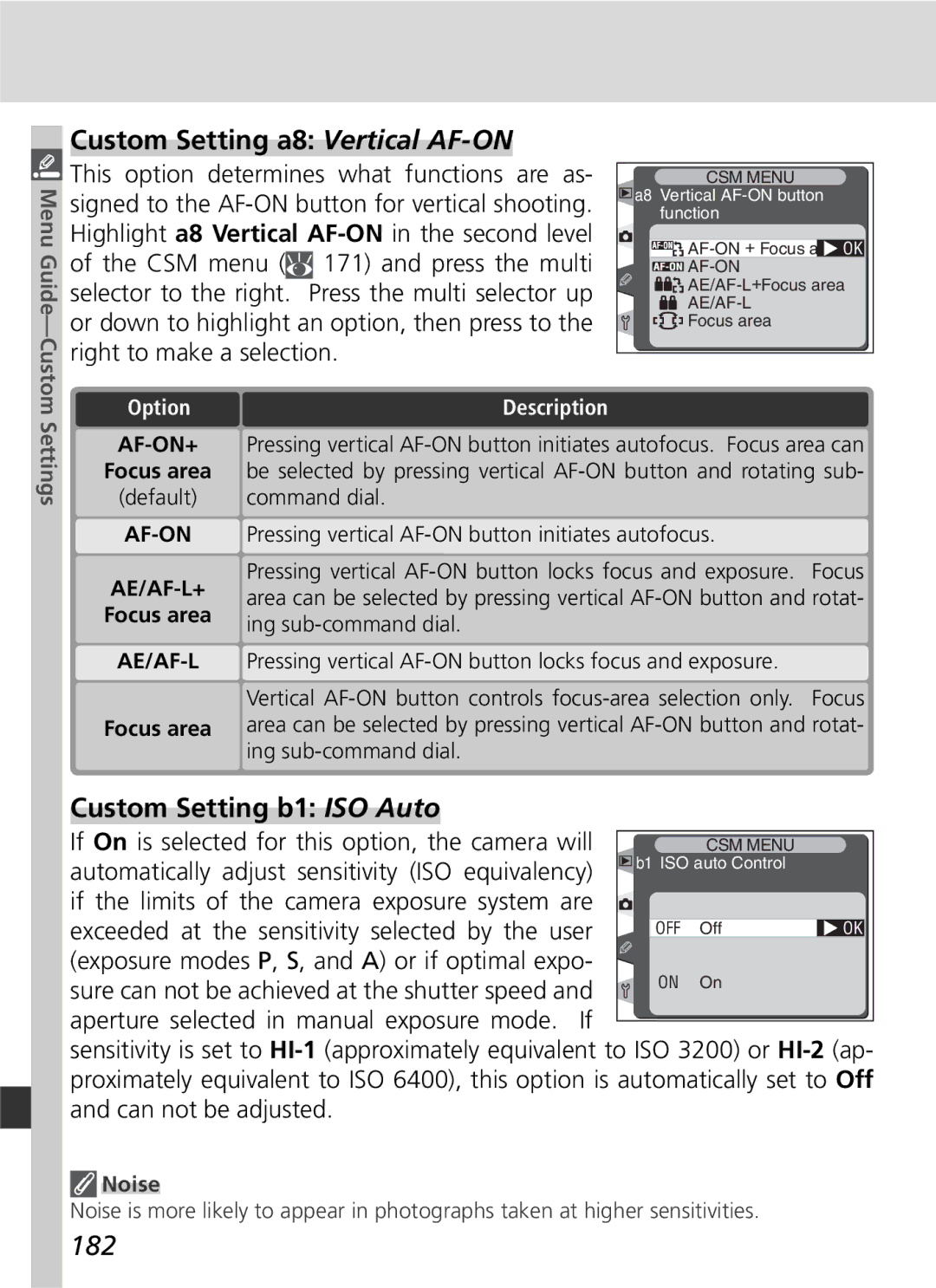 Nikon D2H manual Custom Setting a8 Vertical AF-ON, Custom Setting b1 ISO Auto, 182 