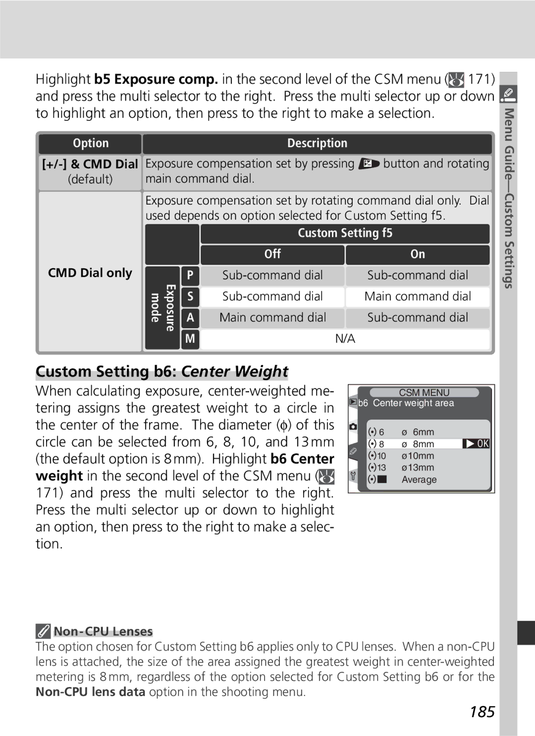 Nikon D2H manual Custom Setting b6 Center Weight, 185, +/- & CMD Dial, Custom Setting f5 OffOn, CMD Dial only 