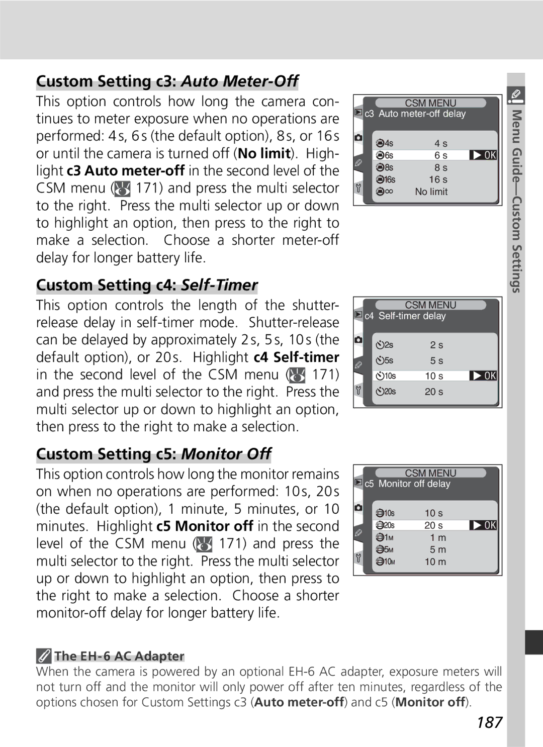 Nikon D2H manual Custom Setting c3 Auto Meter-Off, Custom Setting c4 Self-Timer, Custom Setting c5 Monitor Off, 187 