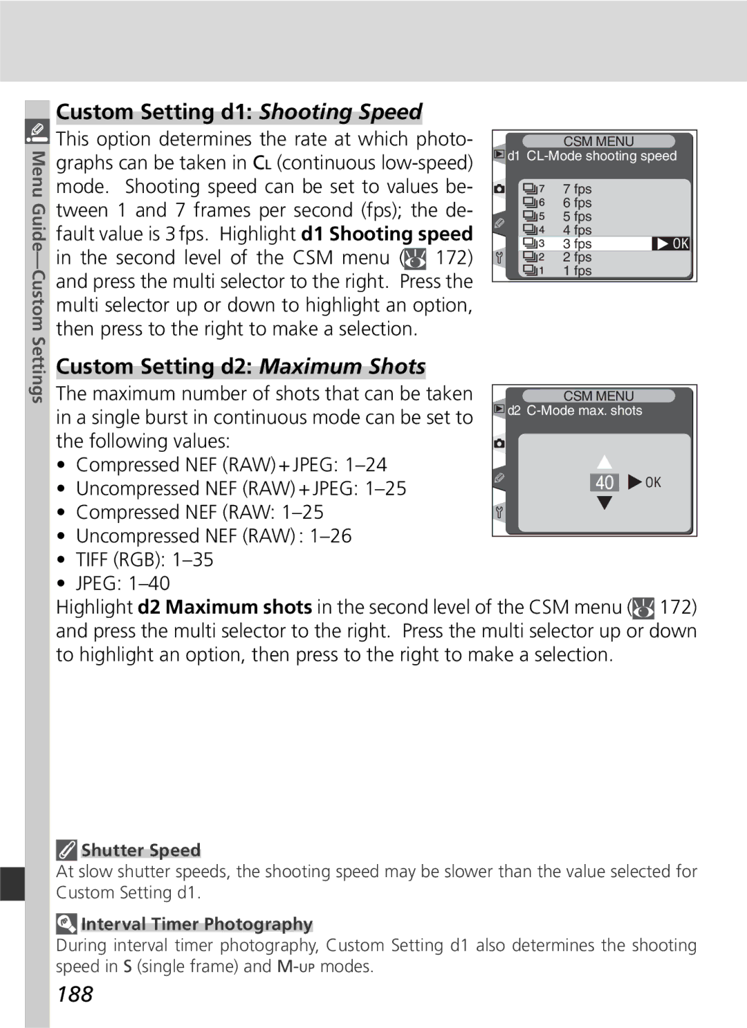 Nikon D2H manual Custom Setting d1 Shooting Speed, Custom Setting d2 Maximum Shots, 188, Shutter Speed 