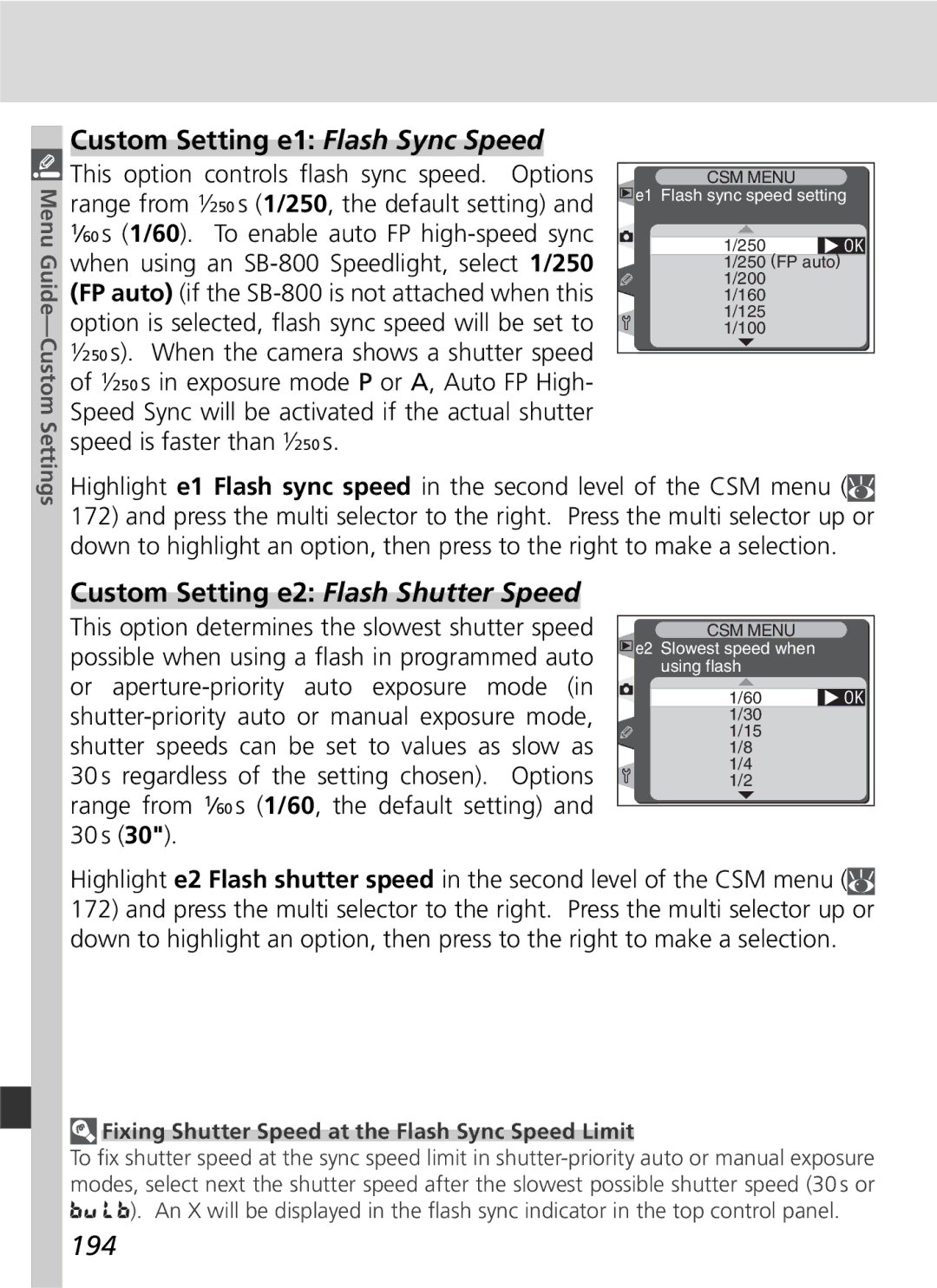 Nikon D2H manual Custom Setting e1 Flash Sync Speed, Custom Setting e2 Flash Shutter Speed, 194 