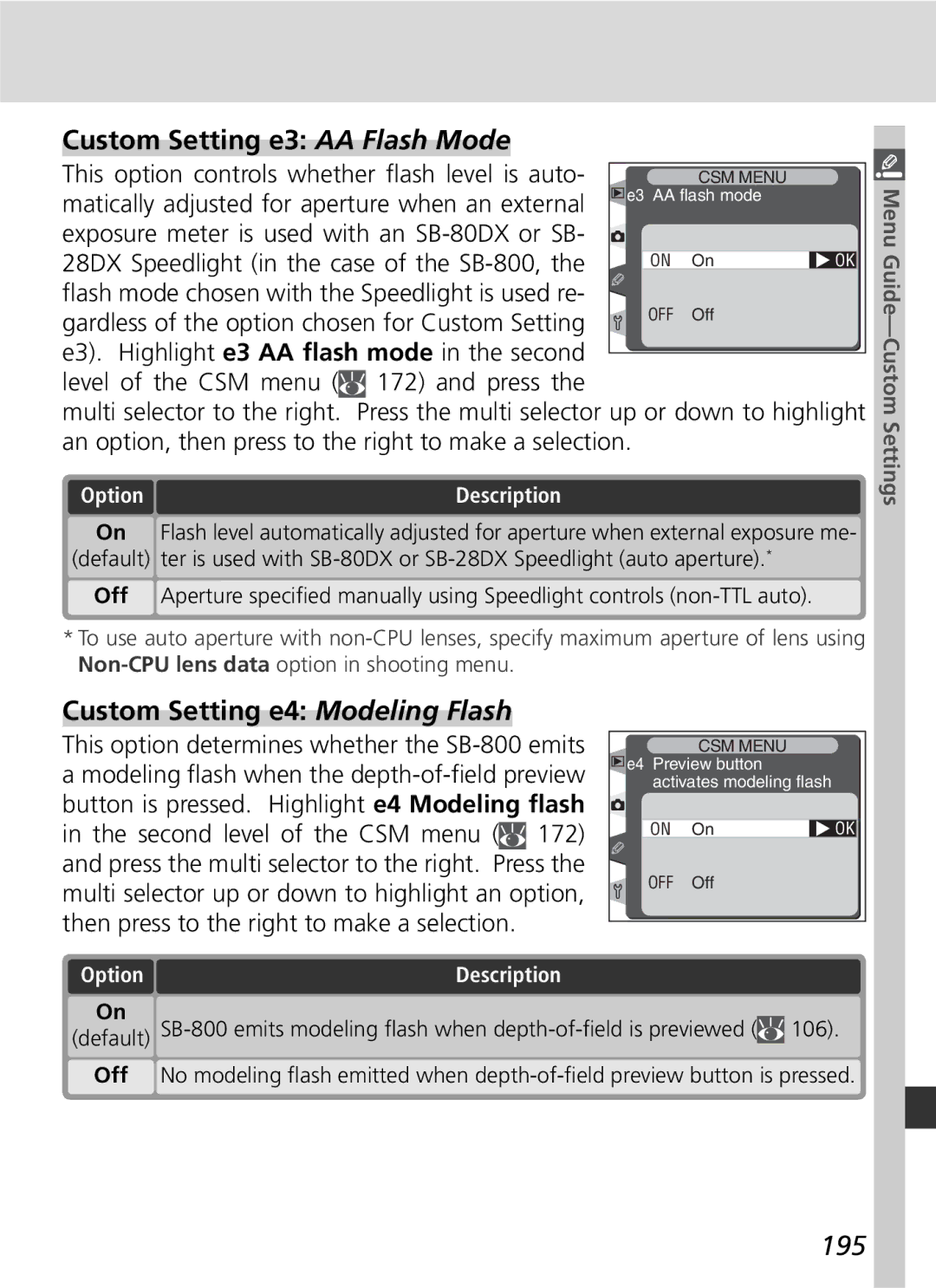 Nikon D2H manual Custom Setting e3 AA Flash Mode, Custom Setting e4 Modeling Flash, 195 