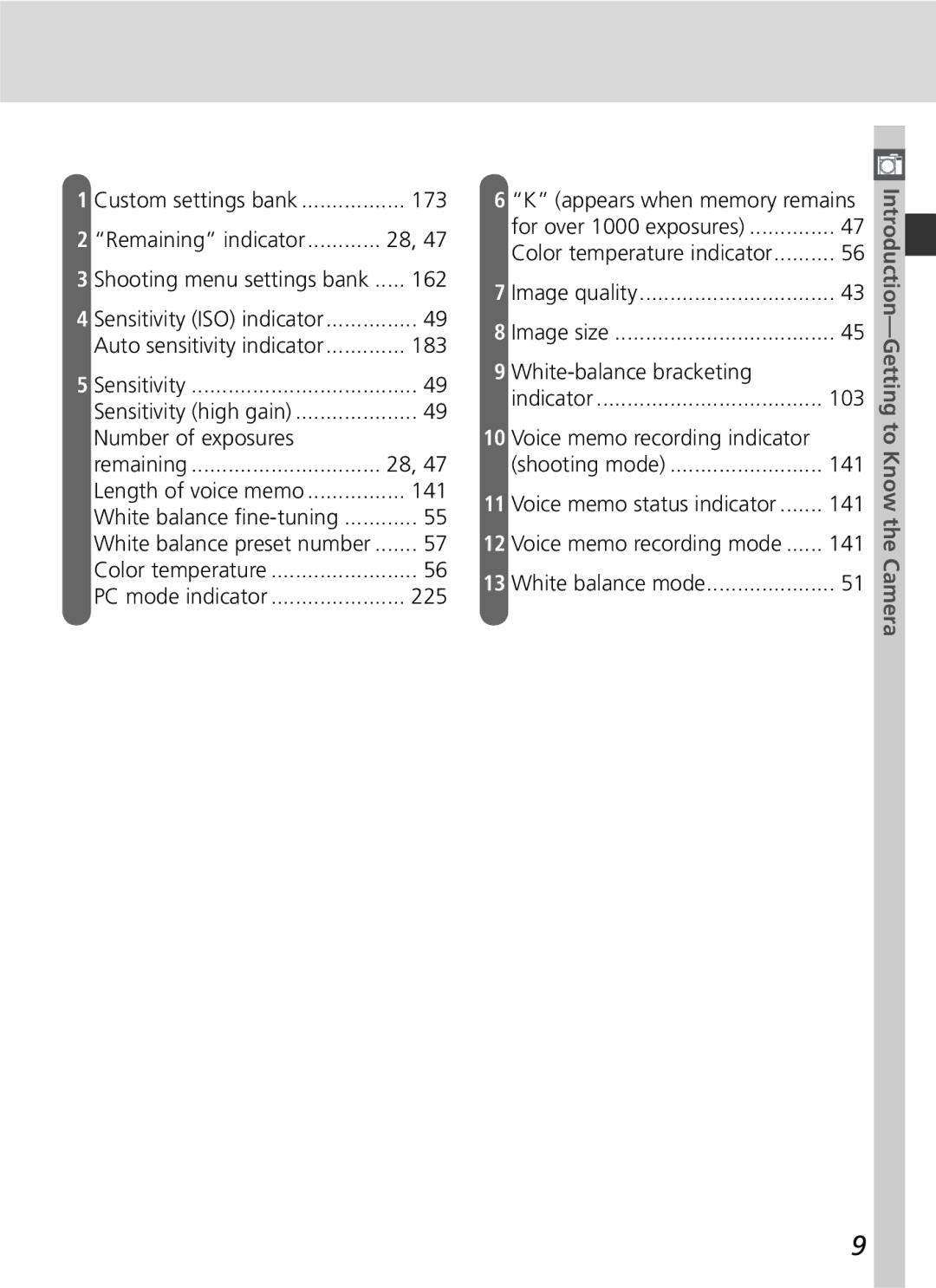 Nikon D2H manual 173, Remaining indicator, 183, Number of exposures Remaining, 141, Voice memo recording indicator 