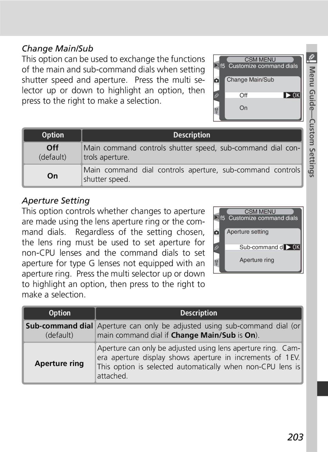 Nikon D2H manual 203, Change Main/Sub, Aperture Setting, Menu Guide 