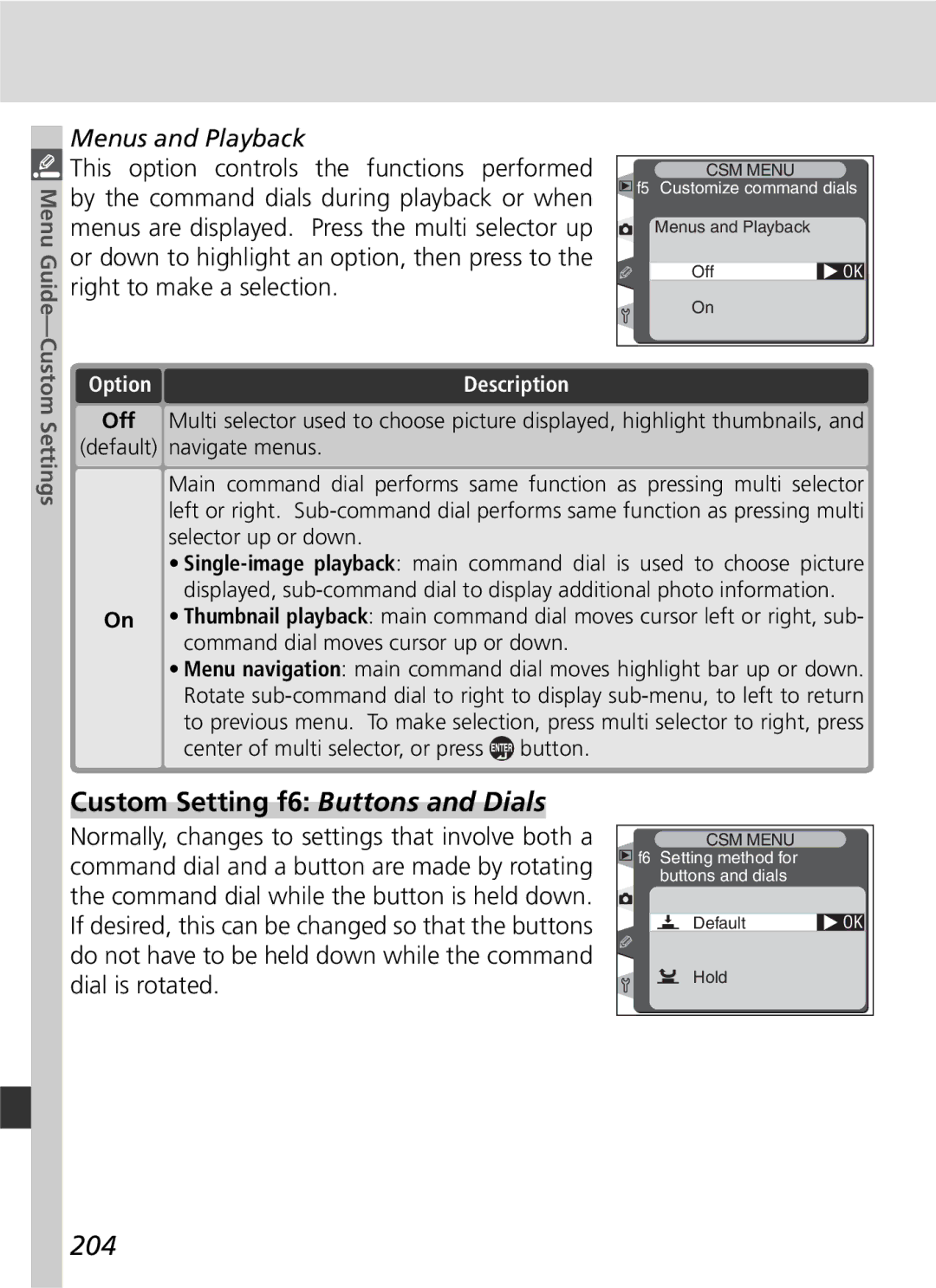 Nikon D2H manual Custom Setting f6 Buttons and Dials, 204, Menus and Playback 